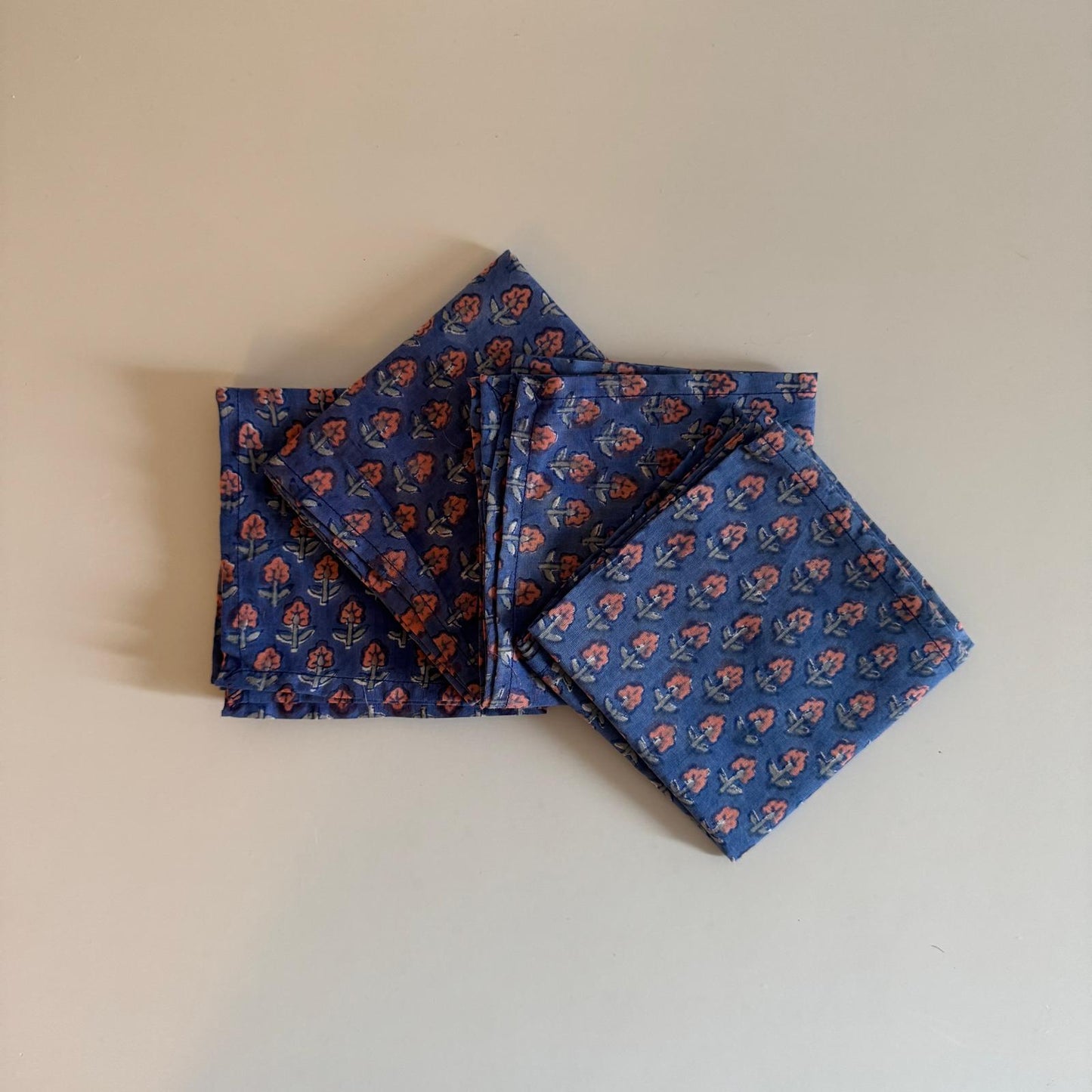 Block Print Napkin Set of 4 - Blue with Pink flowers