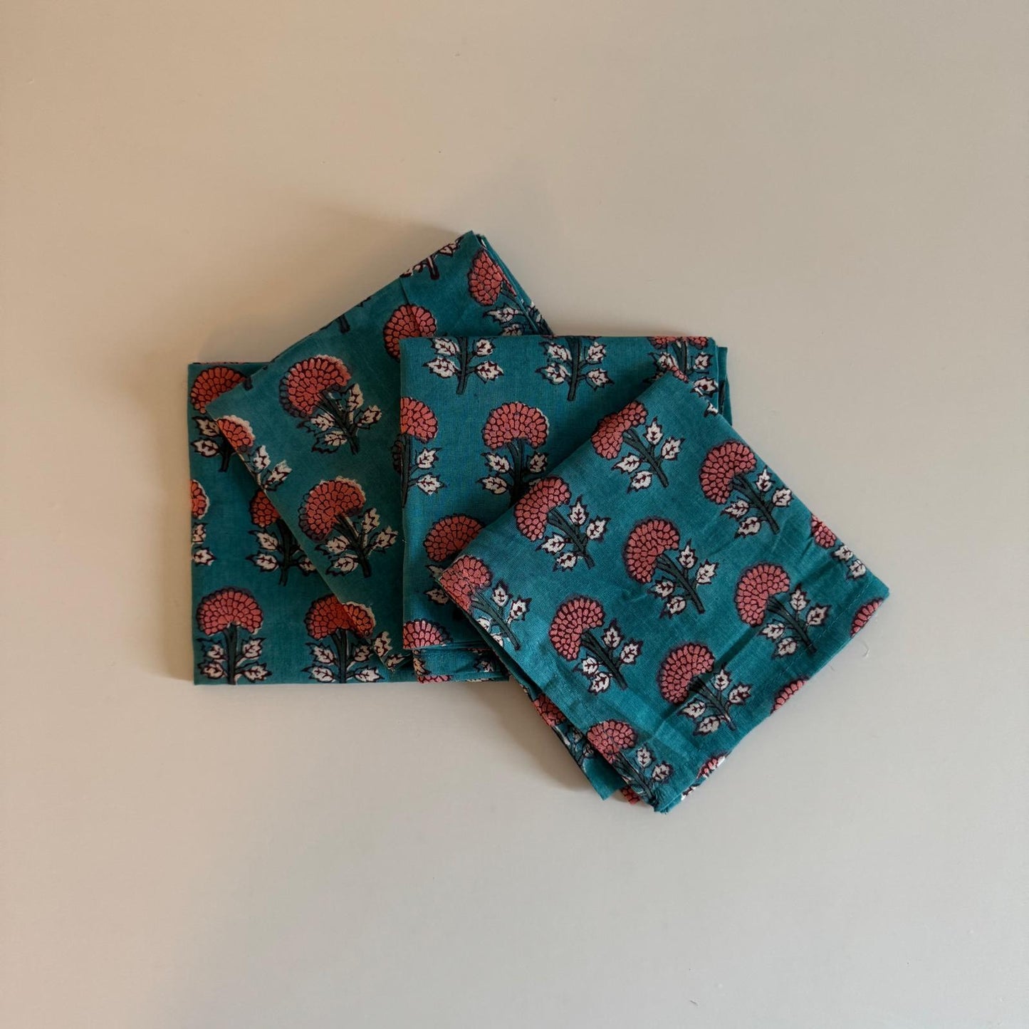 Block Print Napkin Set of 4 - Turquioise with Pink flowers