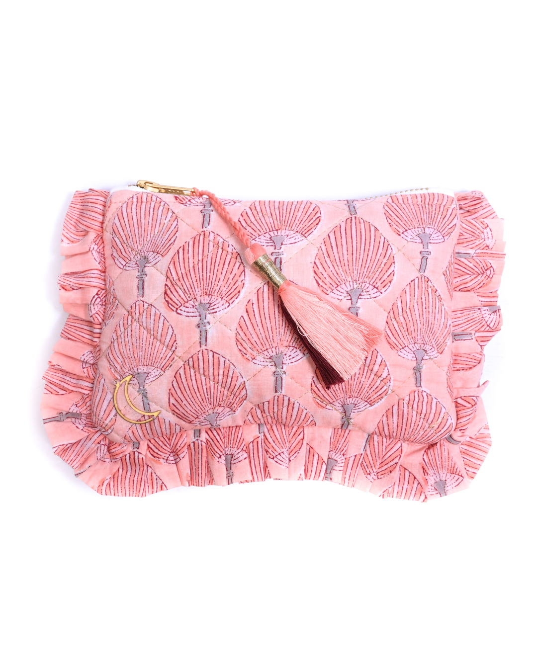 Block Print Ruffle Pouch - Fan Palms On Coral