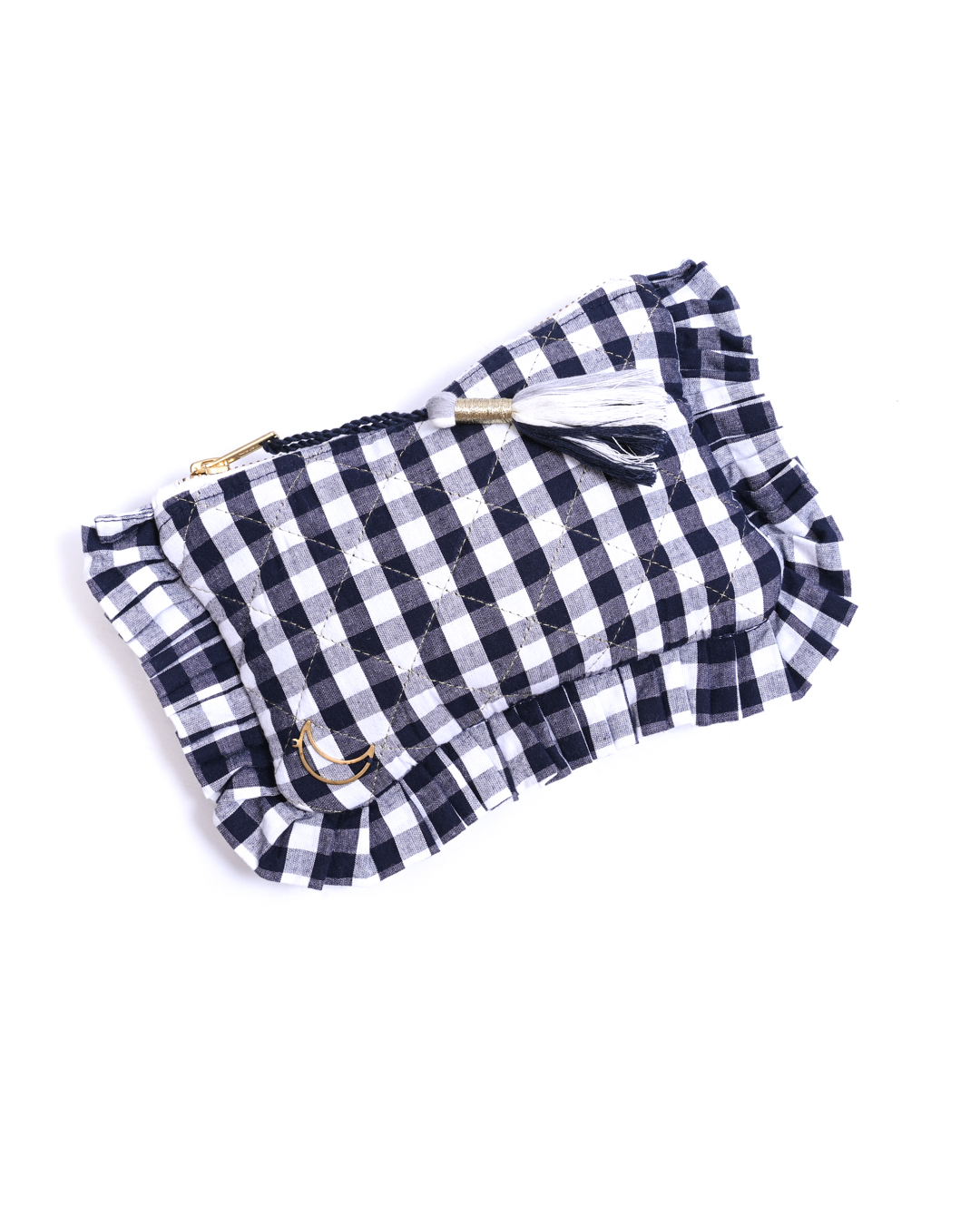 Block Print Ruffle Pouch - Black & White Gingham