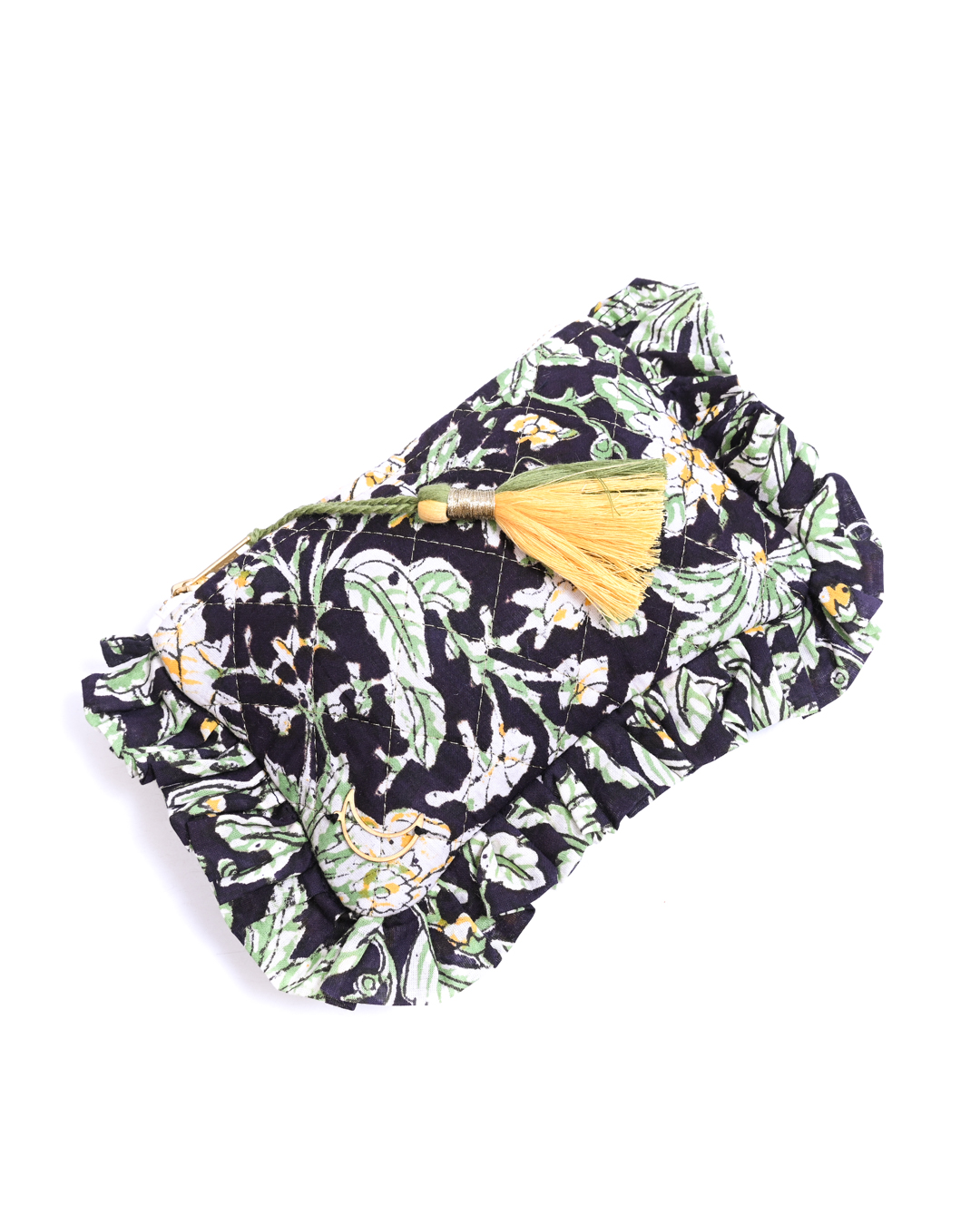 Block Print Ruffle Pouch - Floral On Black