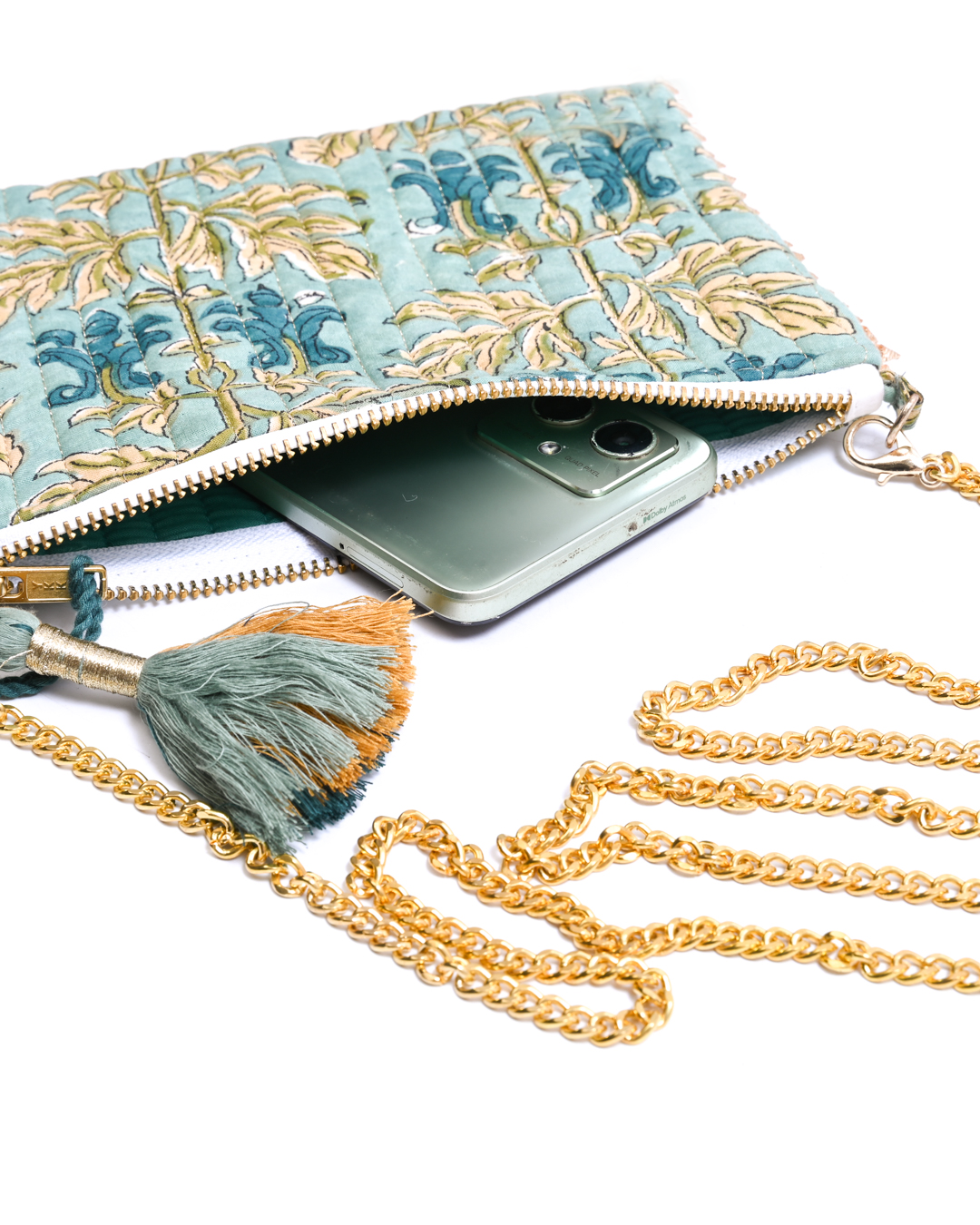 Block Print Clutch - Gold Leaves On Green