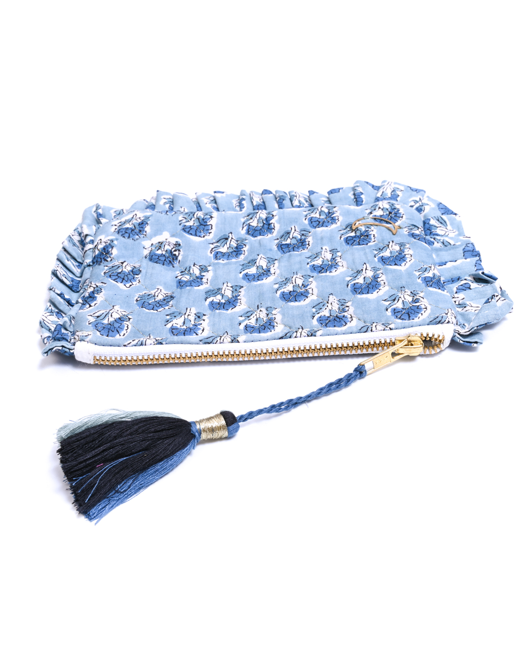 Block Print Ruffle Pouch - Floral On Sky Blue