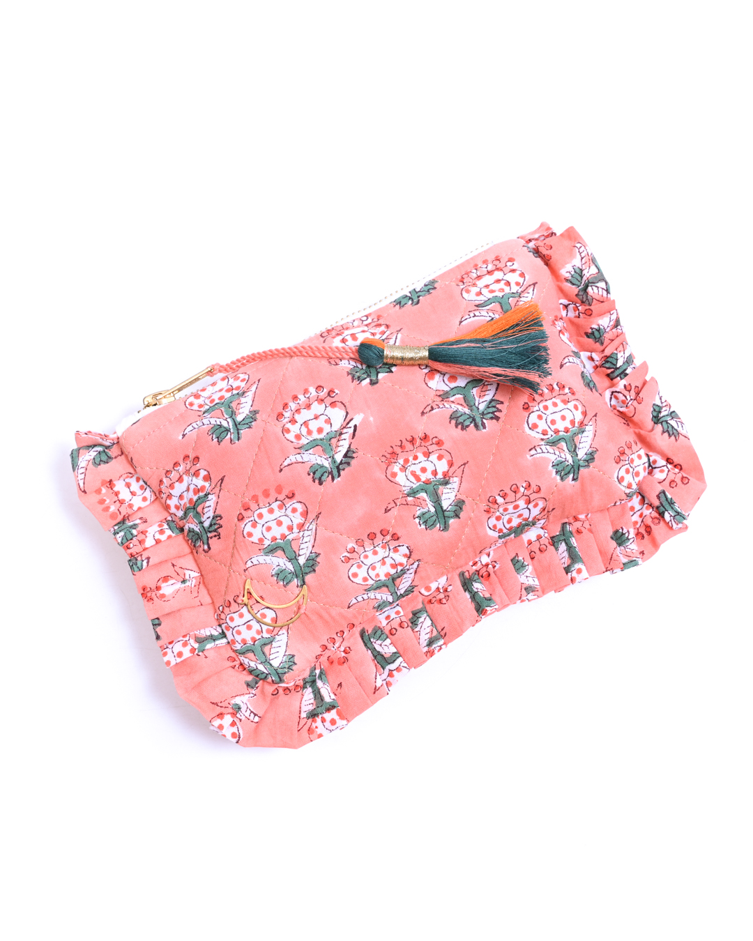 Block Print Ruffle Pouch - Floral On Coral