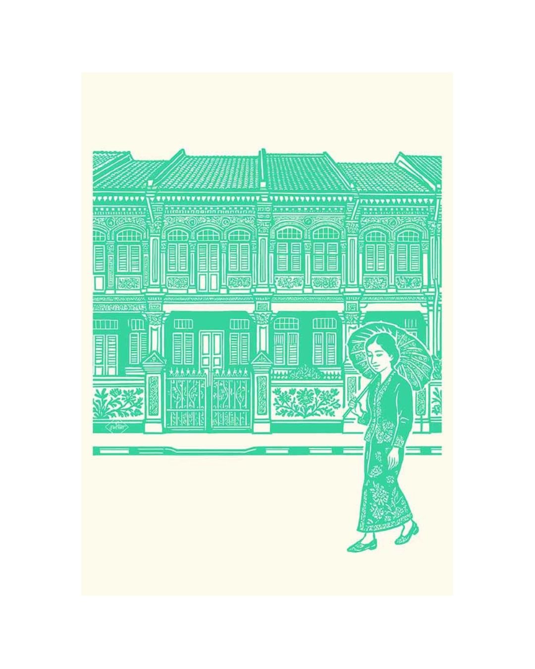 Singapore Peranakan Lady and House Turquois A4