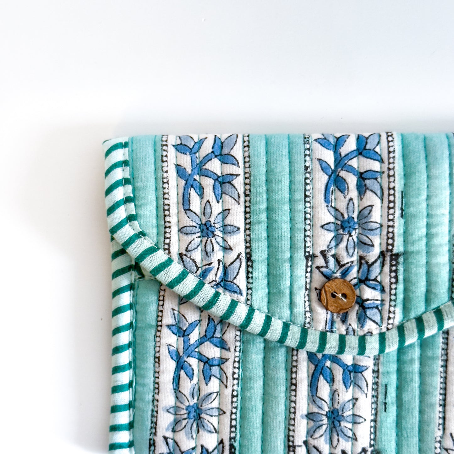 Block Print Quilted Wallet - Turquoise stripes and blue flowers