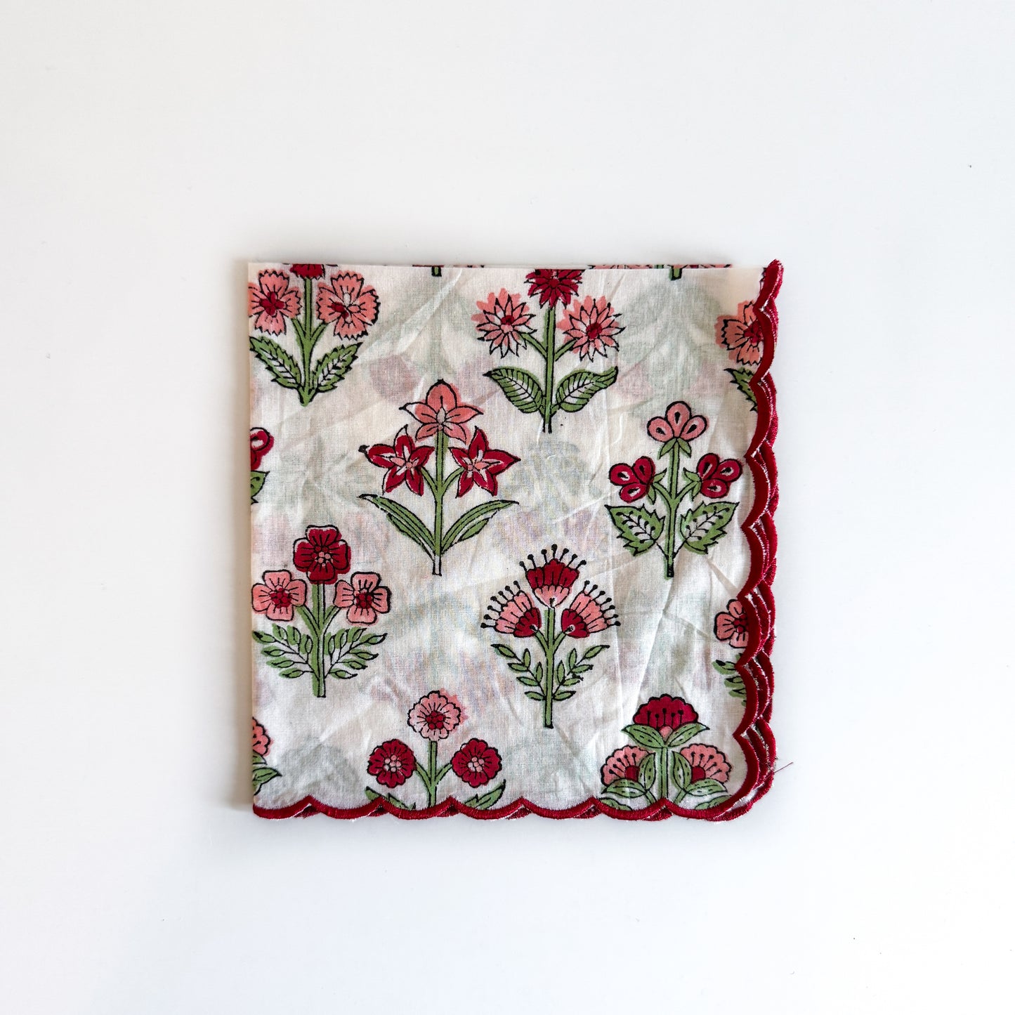 Scalloped Block Print Individual Napkin / Handkerchief - White with Red flowers