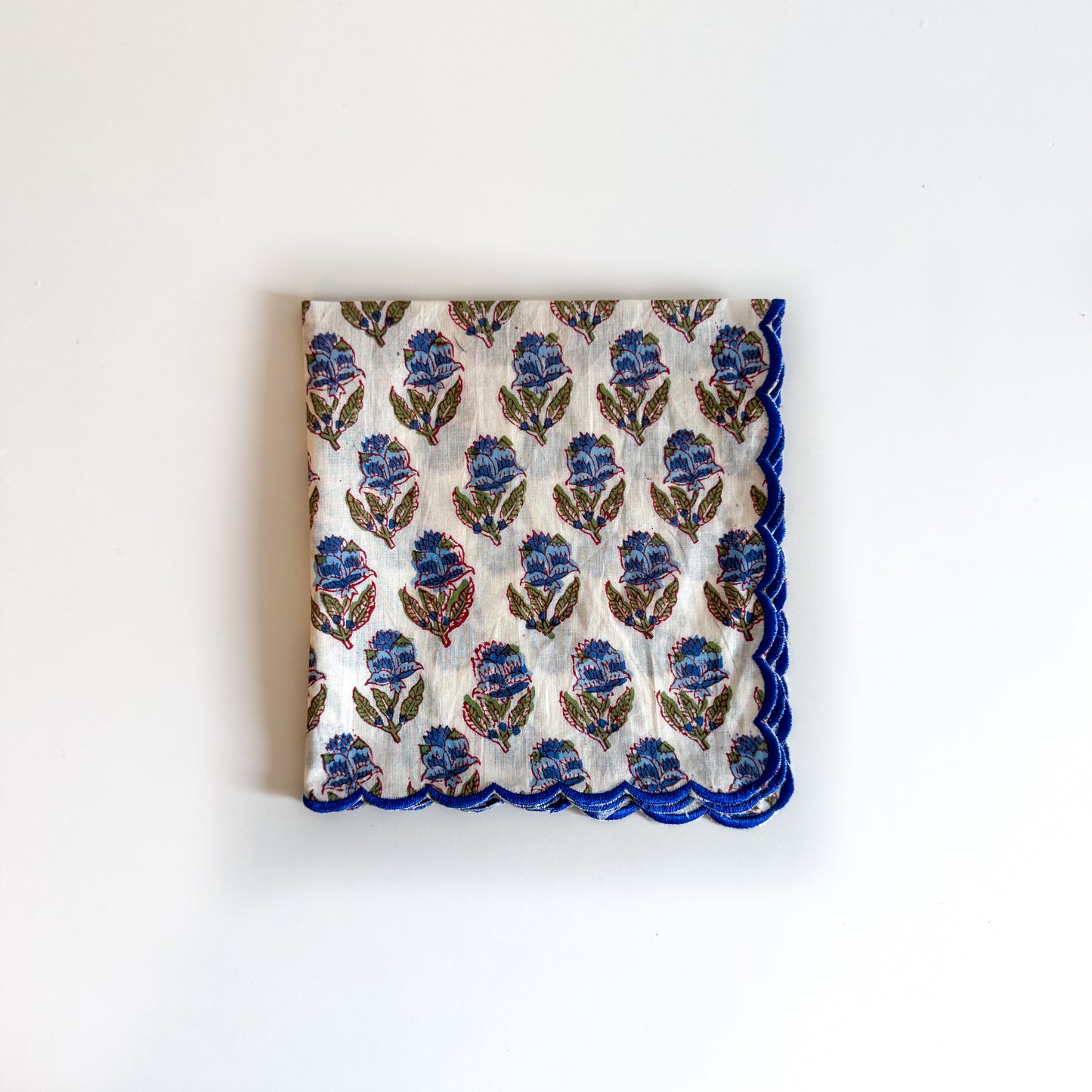 Scalloped Block Print Individual Napkin / Handkerchief - White with Blue flowers