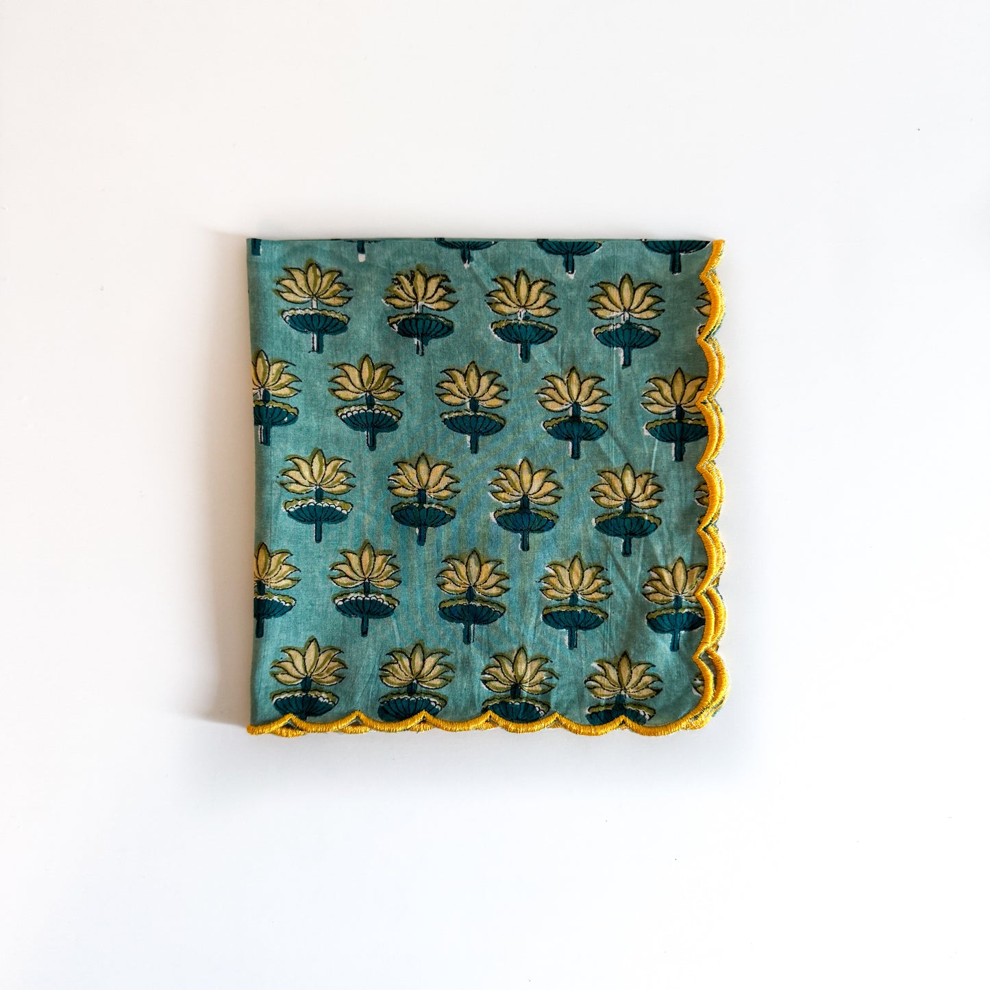 Scalloped Block Print Individual Napkin / Handkerchief - Turquoise with Yellow flowers