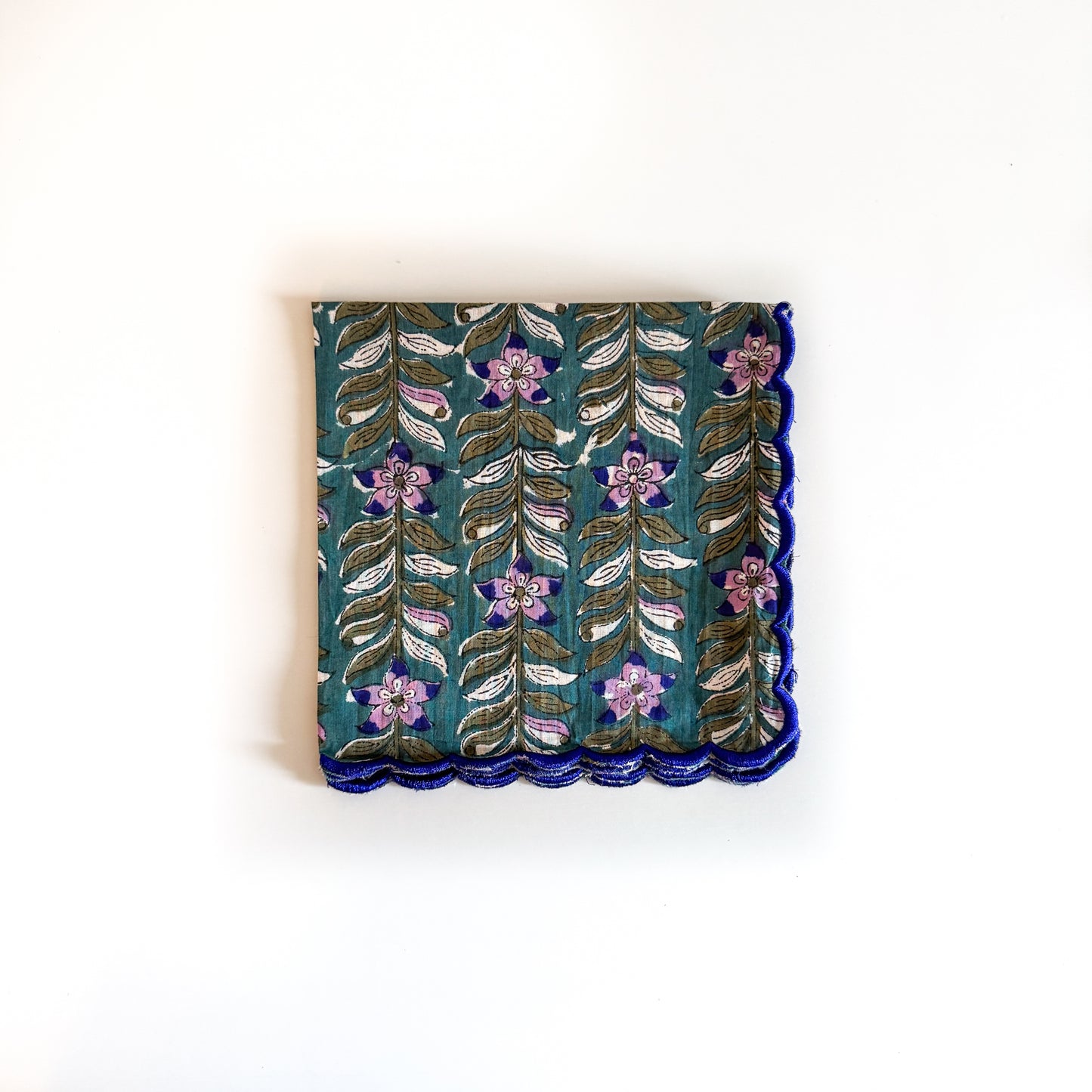 Scalloped Block Print Individual Napkin / Handkerchief - Green with lilac and blue flowers