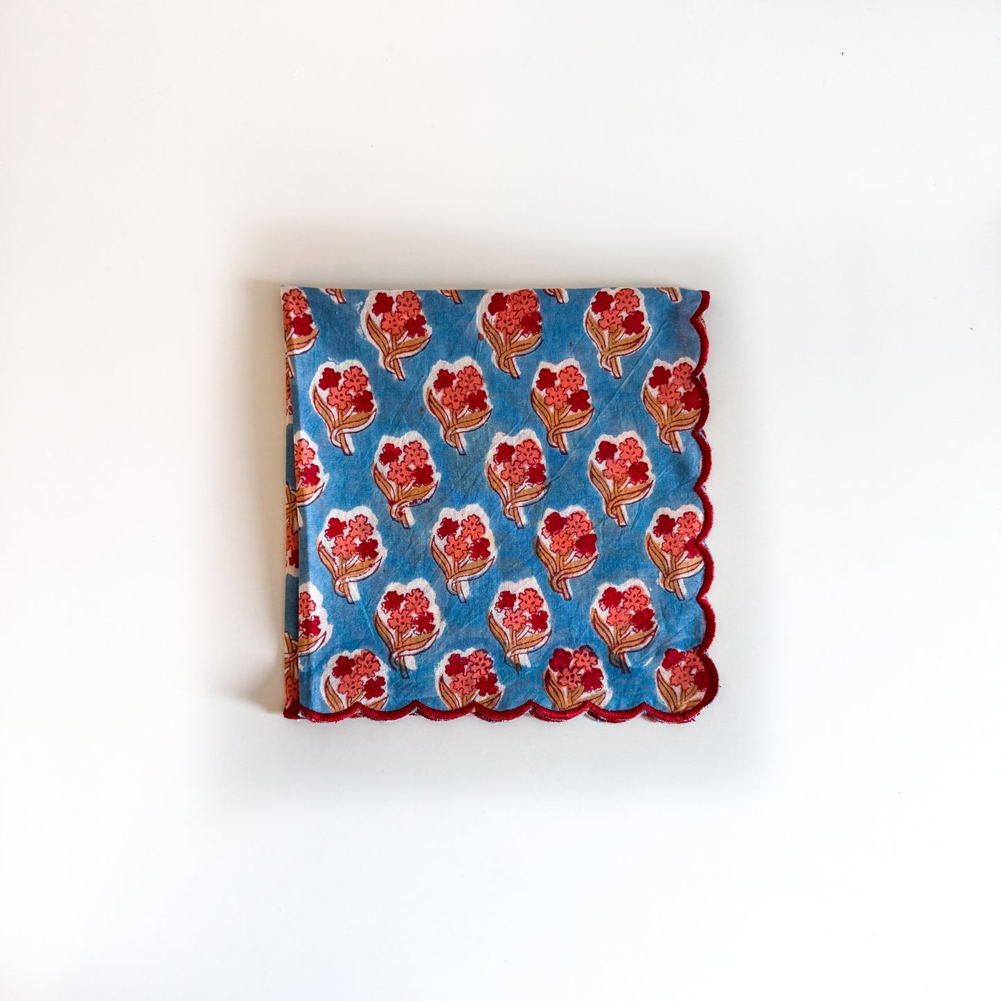 Scalloped Block Print Individual Napkin / Handkerchief - Blue with red and pink flowers