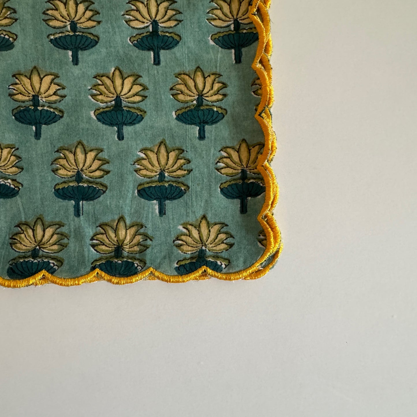 Scalloped Block Print Individual Napkin / Handkerchief - Turquoise with Yellow flowers
