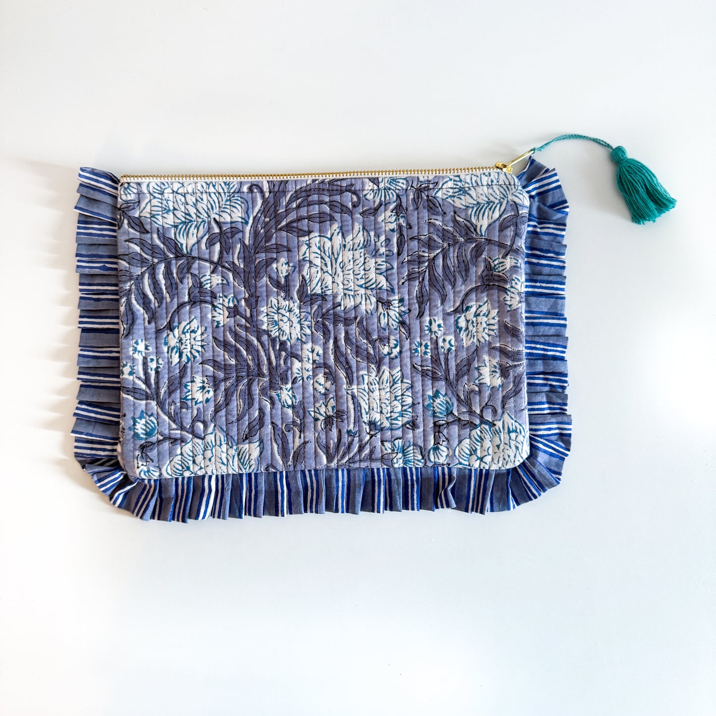 Block Print Large Ruffle Pouch - Lilac with white flowers