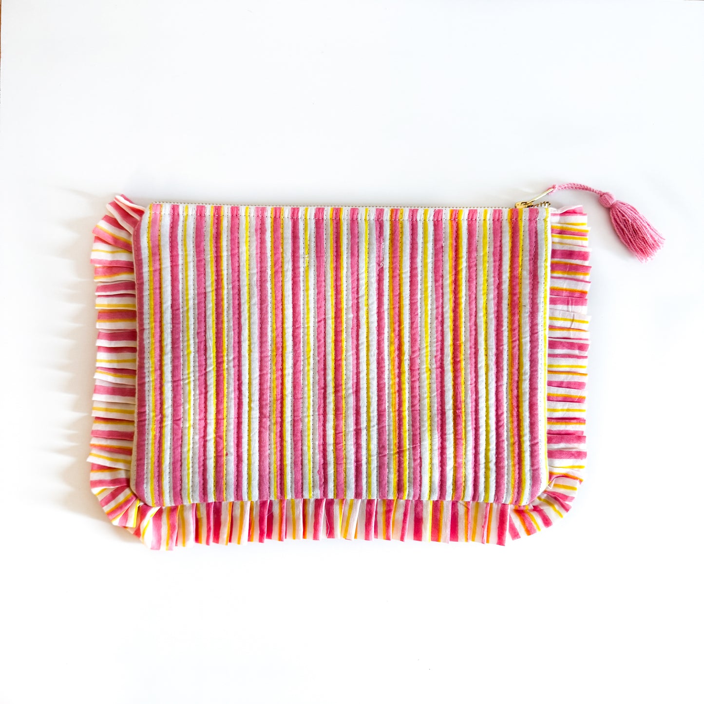 Block Print Large Ruffle Pouch - Orange and yellow stripes