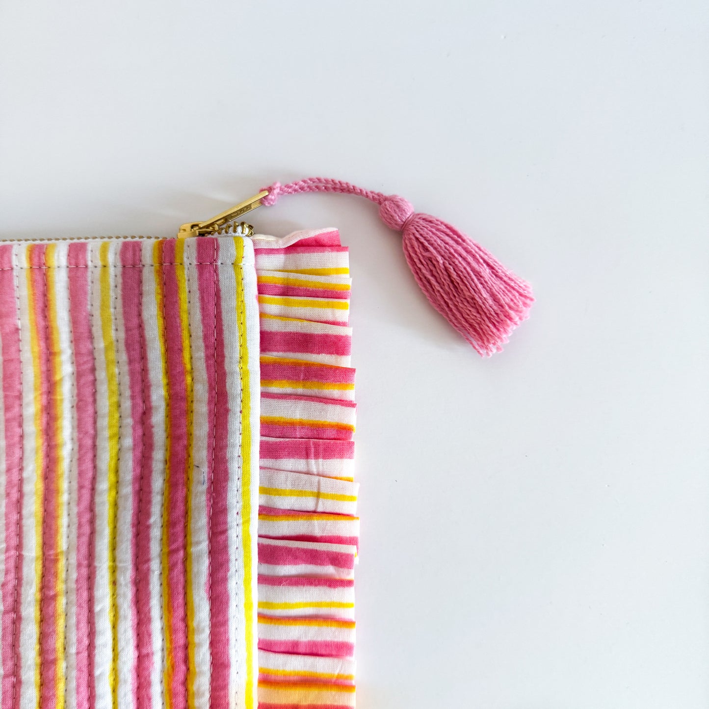 Block Print Large Ruffle Pouch - Orange and yellow stripes
