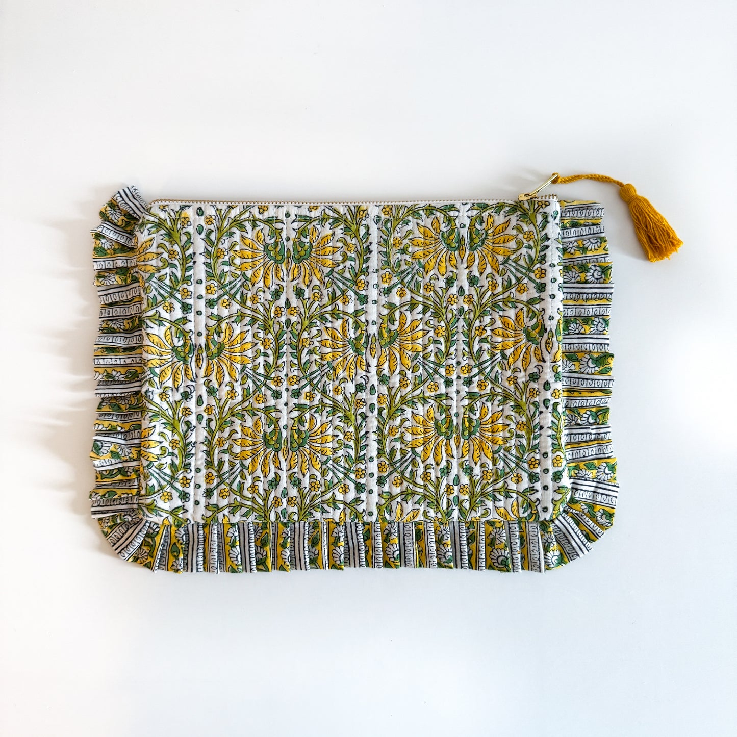 Block Print Large Ruffle Pouch - White with yellow flowers