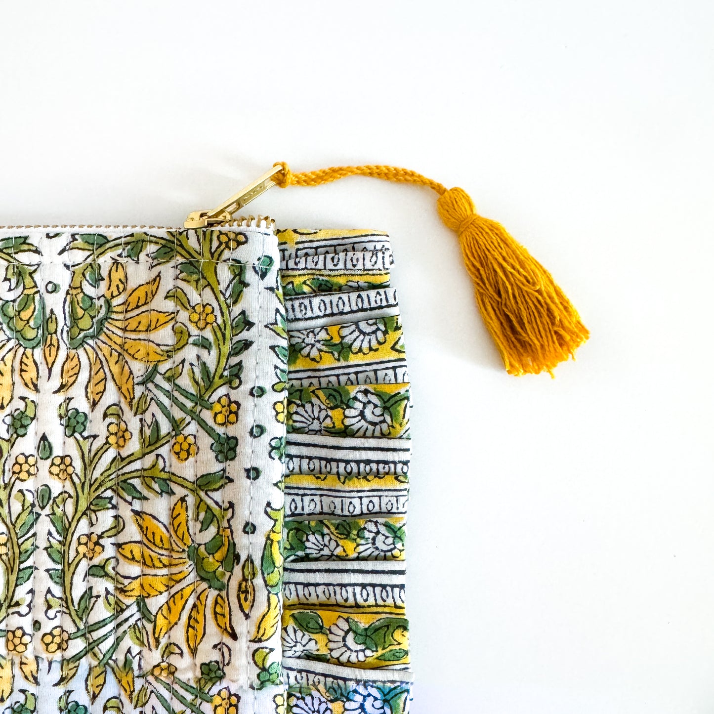 Block Print Large Ruffle Pouch - White with yellow flowers