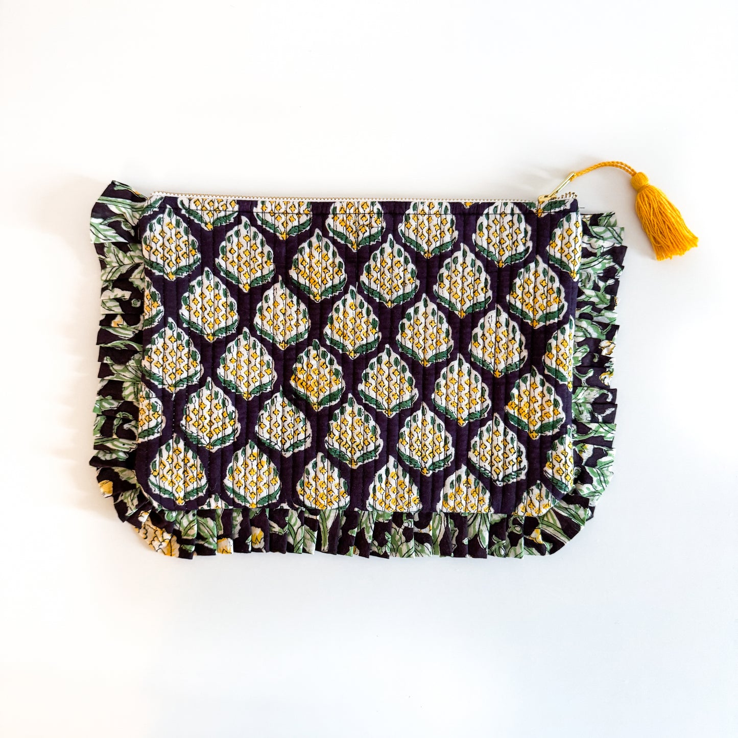 Block Print Large Ruffle Pouch - Black with yellow flowers