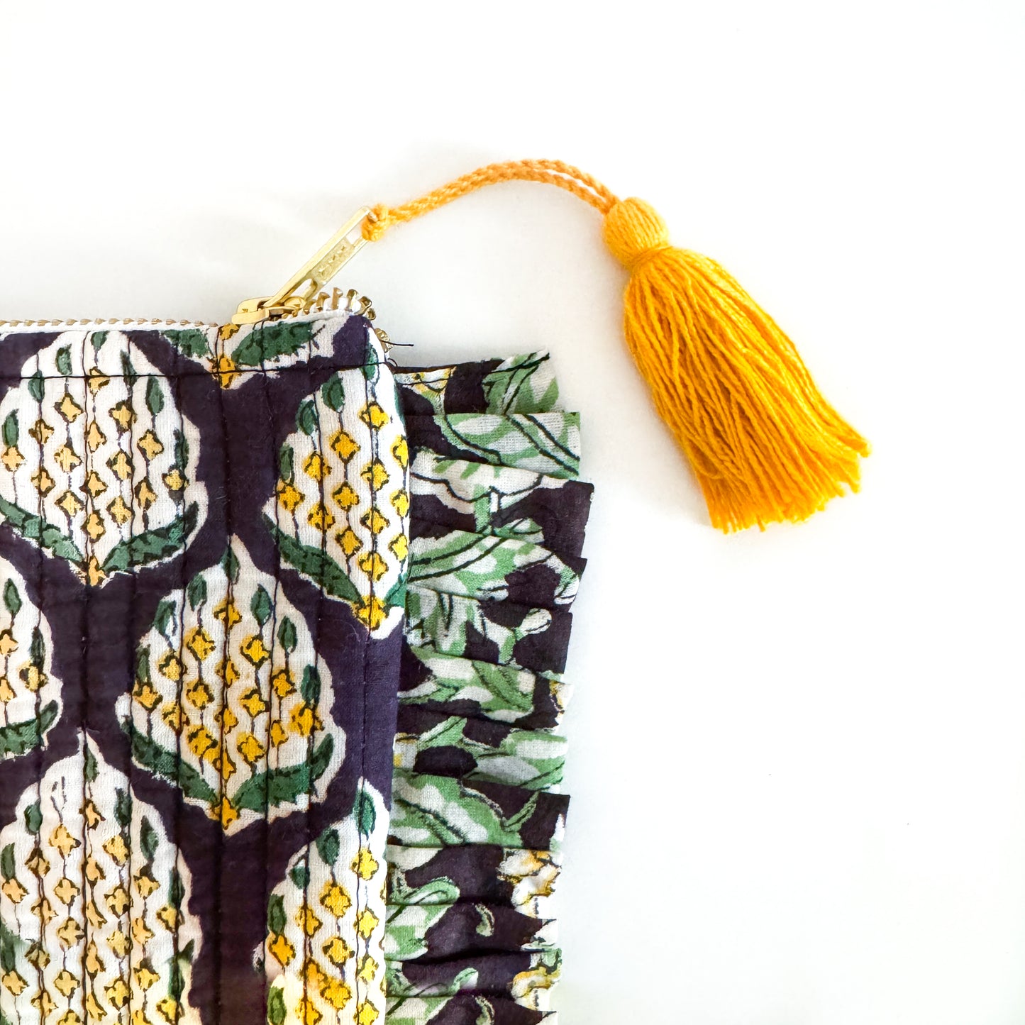 Block Print Large Ruffle Pouch - Black with yellow flowers