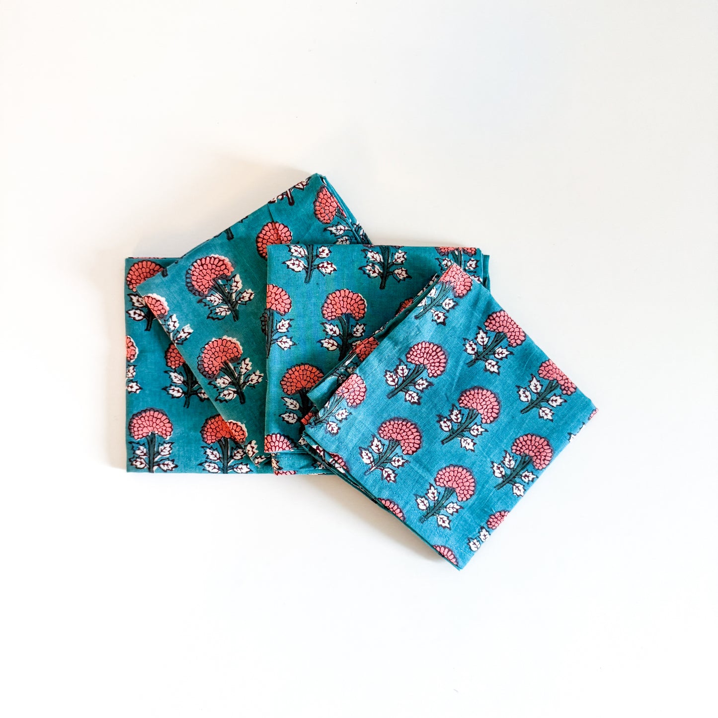 Block Print Napkin Set of 4 - Turquioise with Pink flowers
