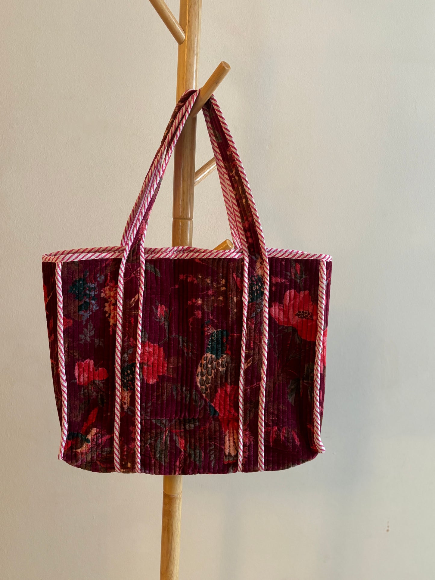 Block Print Velvet Tote Bag - Burgundy with pink flowers