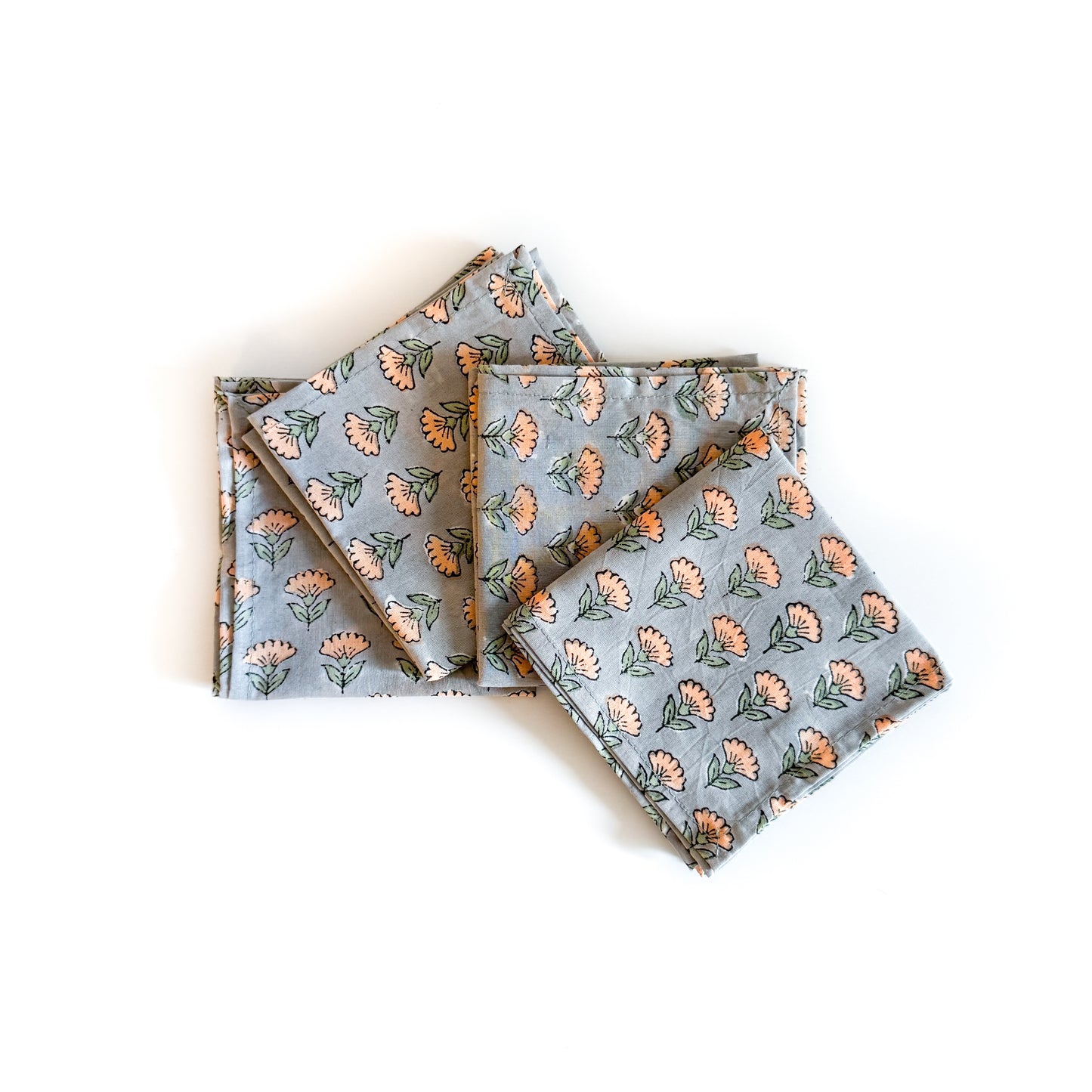 Block Print Napkin Set - Grey with Salmon flowers