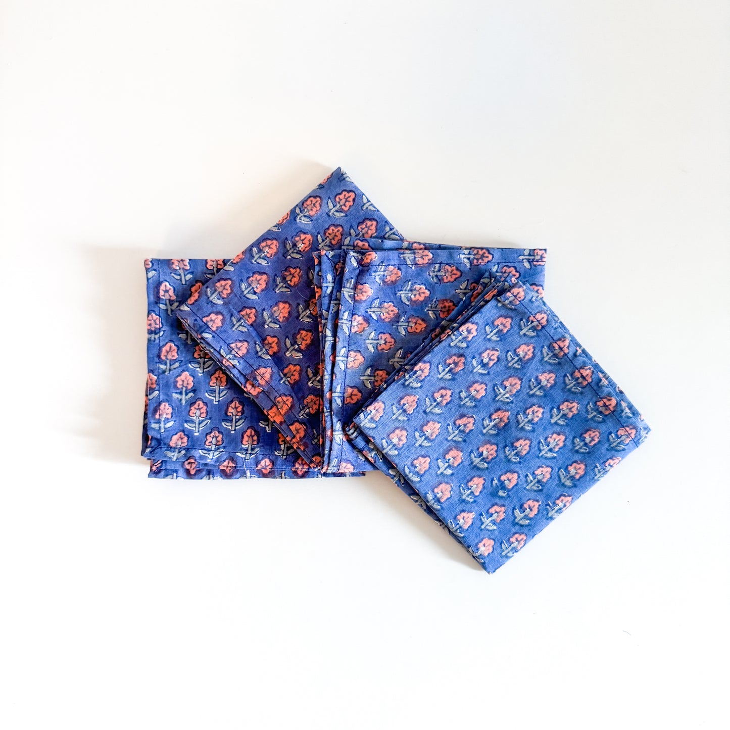 Block Print Napkin Set of 4 - Blue with Pink flowers