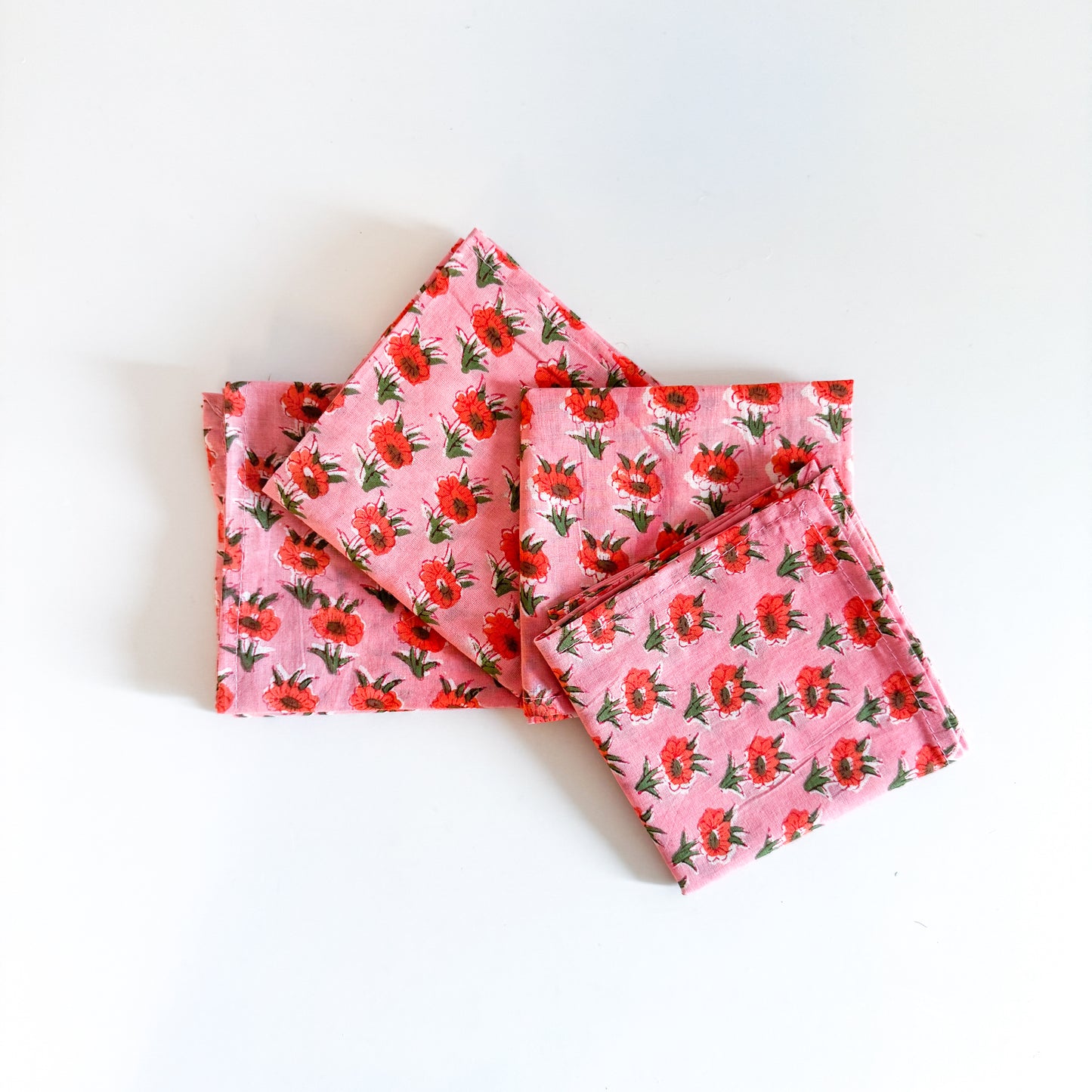 Block Print Napkin Set of 4 - Pink with Red flowers