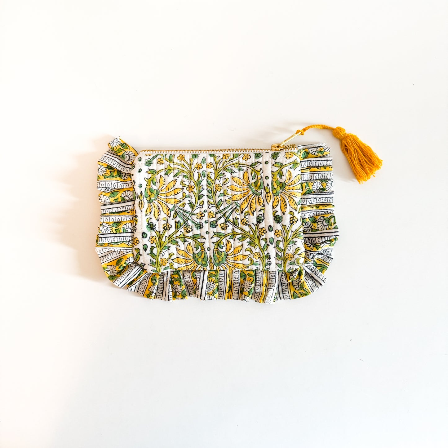 Block Print Mini Ruffle Pouch - White with yellow flowers