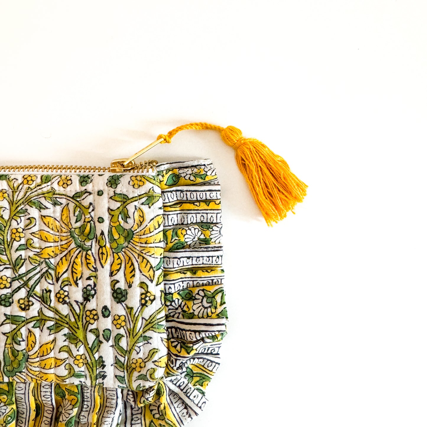 Block Print Mini Ruffle Pouch - White with yellow flowers