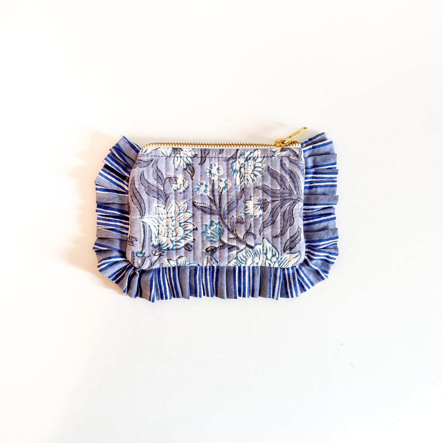Block Print Mini Ruffle Pouch - Lilac with blue flowers
