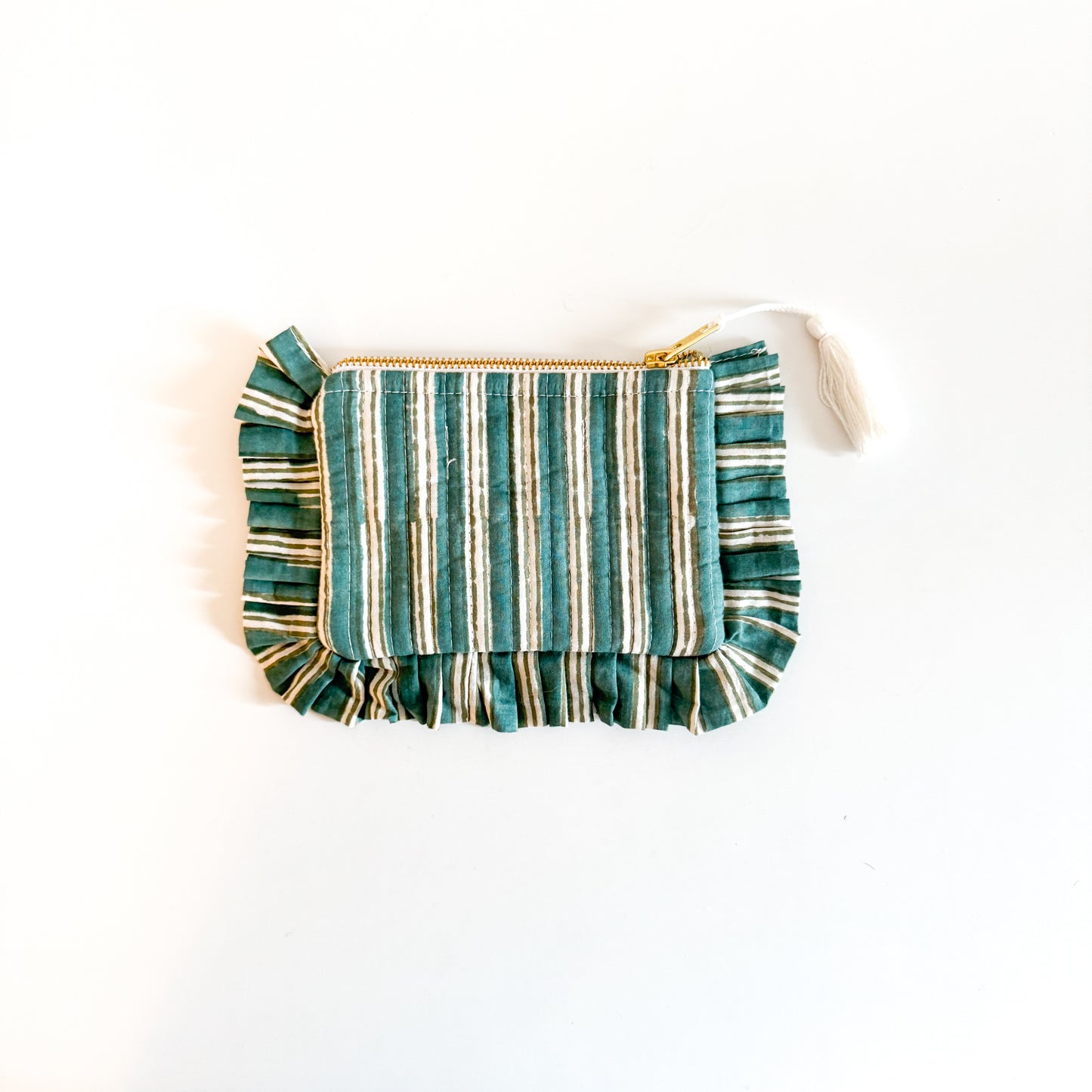 Block Print Mini Ruffle Pouch - Green and white stripes