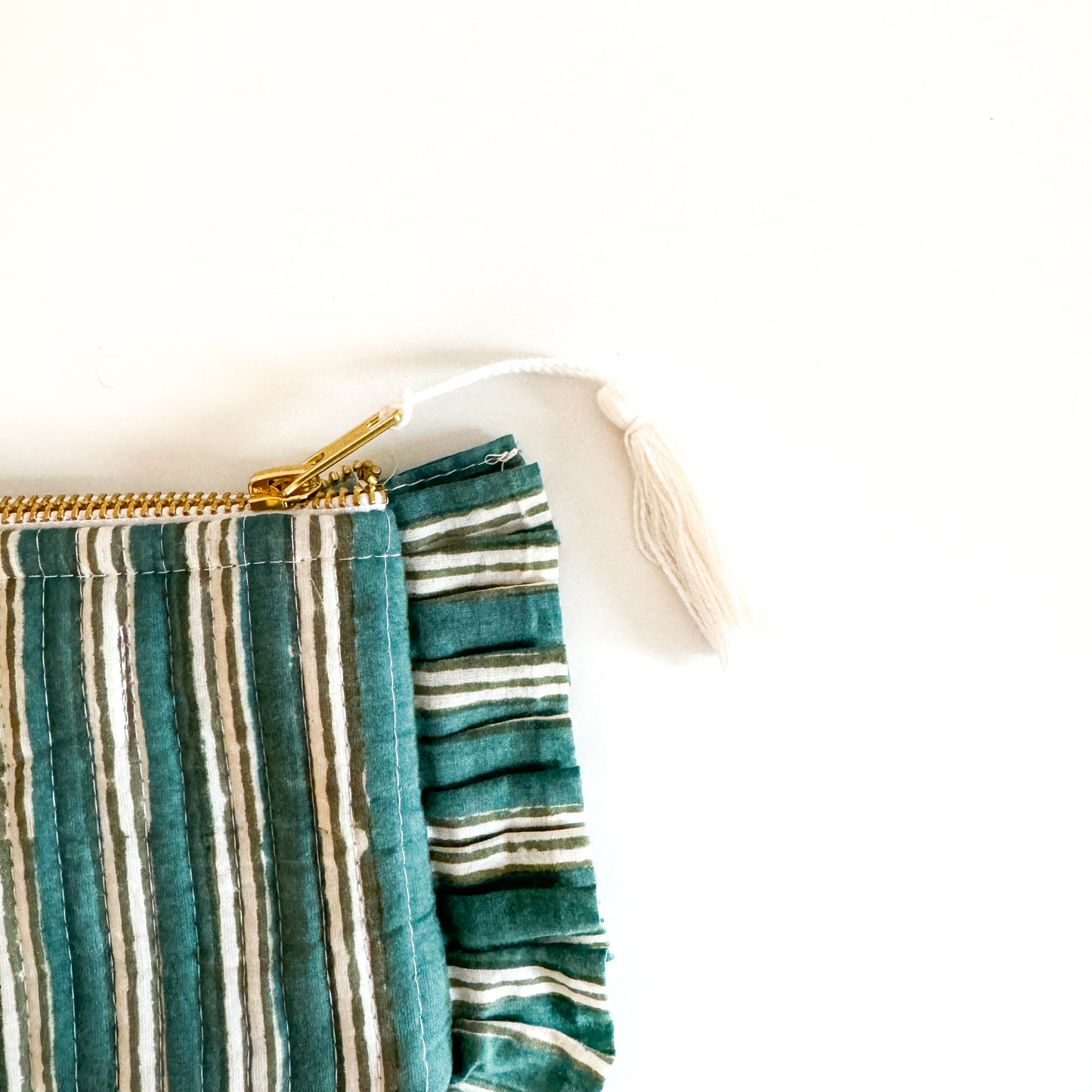 Block Print Mini Ruffle Pouch - Green and white stripes