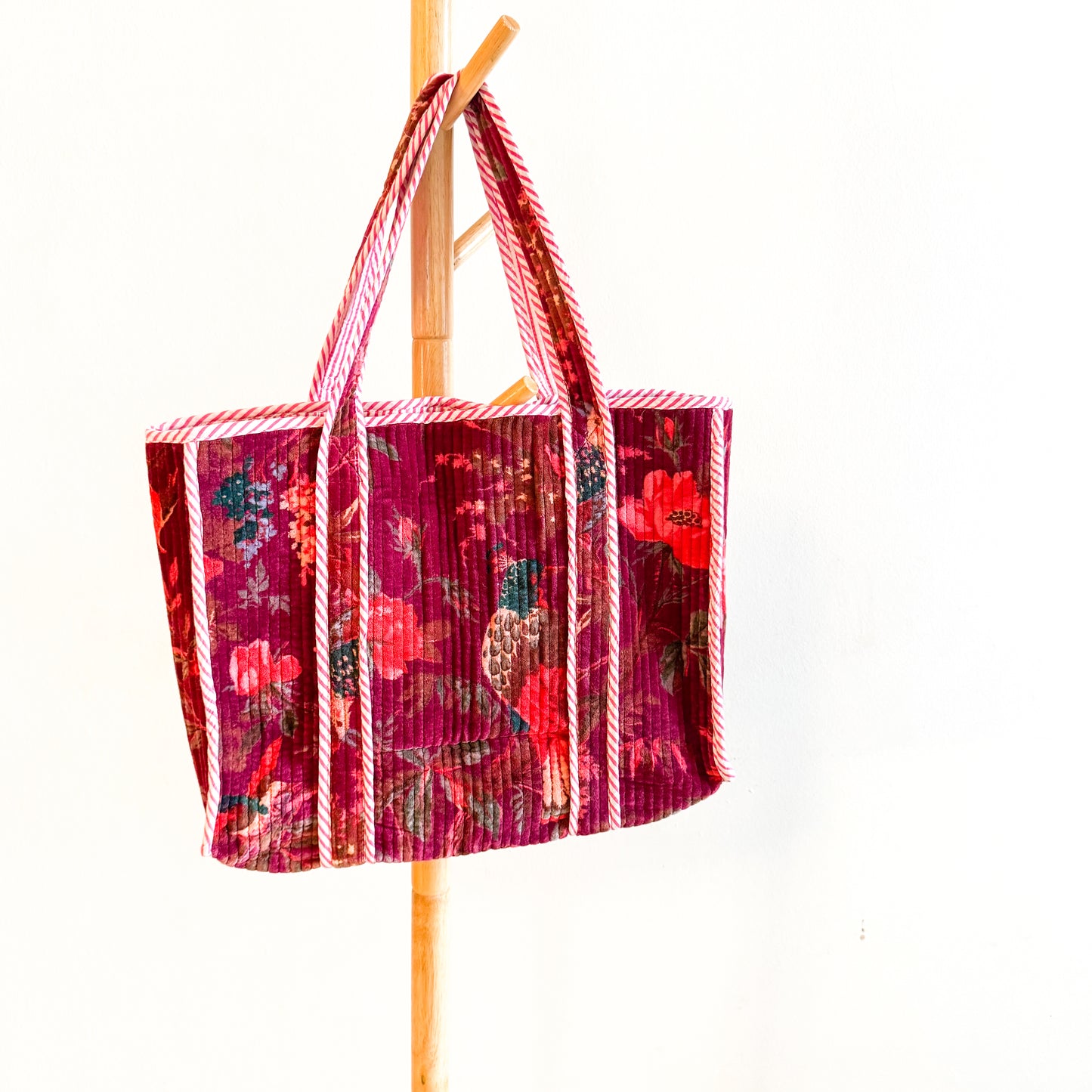 Block Print Velvet Tote Bag - Burgundy with pink flowers
