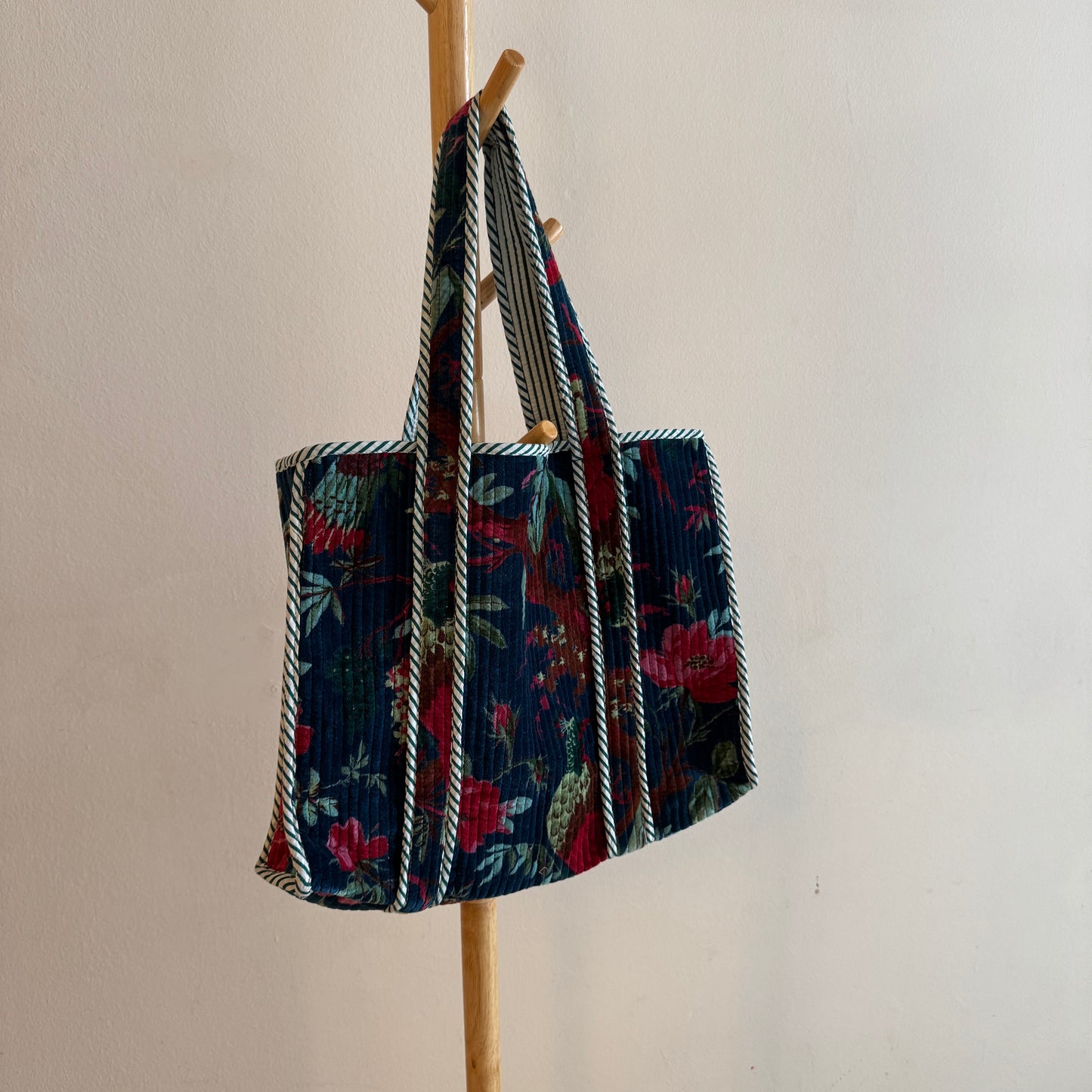 Block Print Velvet Tote Bag - Cobalt with pink flowers