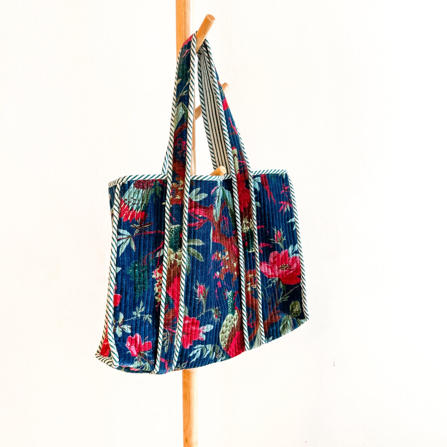 Block Print Velvet Tote Bag - Cobalt with pink flowers