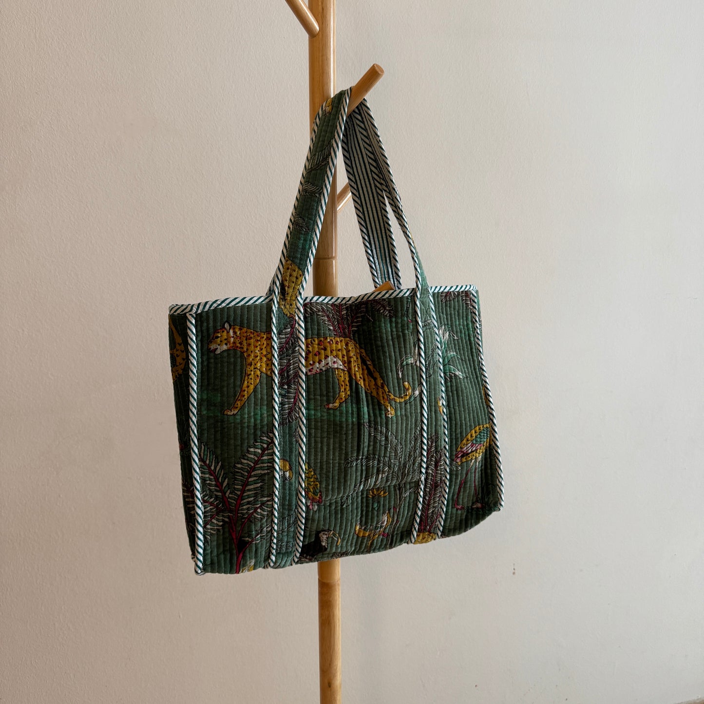 Block Print Velvet Tote Bag - Green with leopards