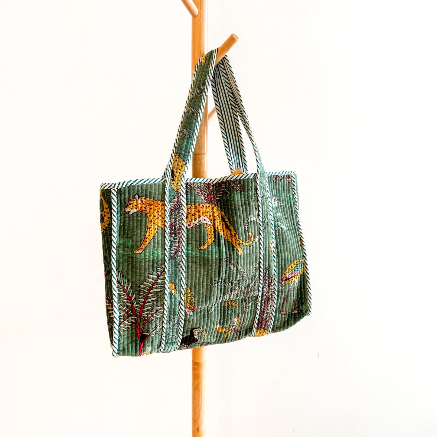 Block Print Velvet Tote Bag - Green with leopards