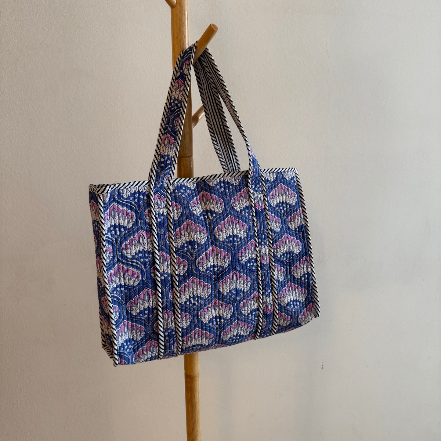 Block Print Tote Bag - Blue with purple flowers
