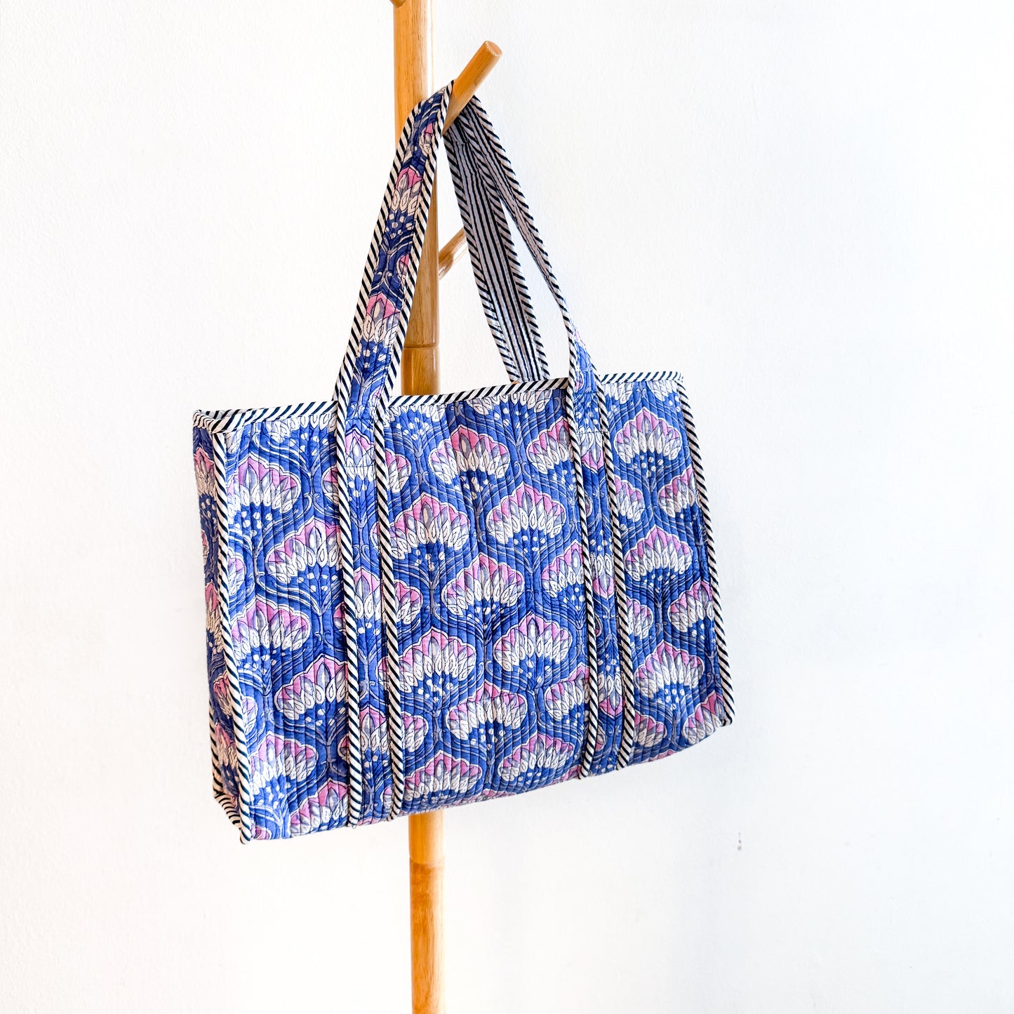 Block Print Tote Bag - Blue with purple flowers