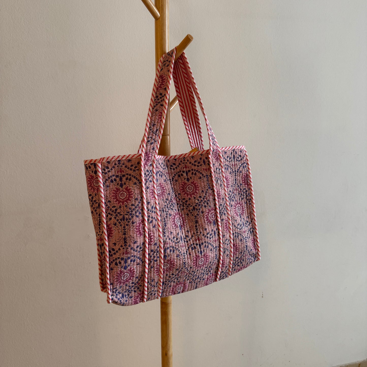 Block Print Tote Bag - Pink with blue and pink flowers