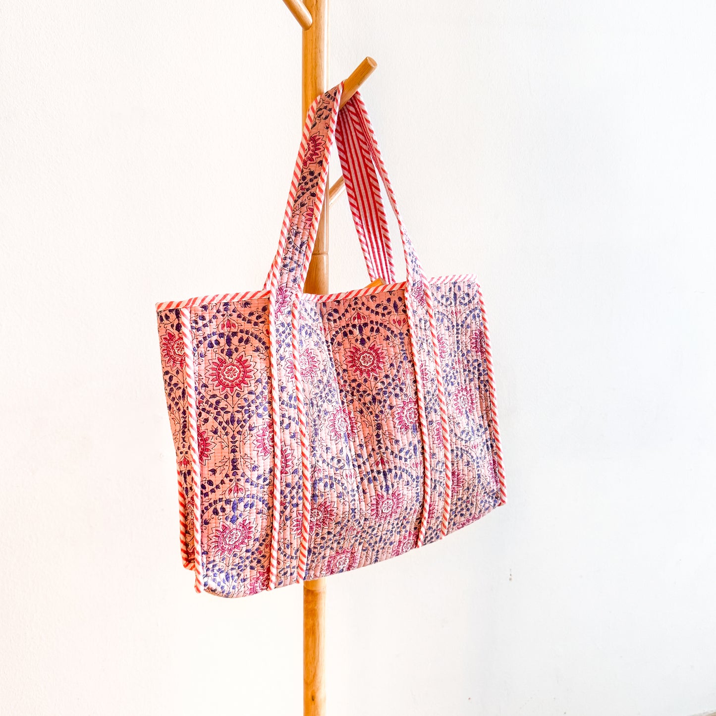 Block Print Tote Bag - Pink with blue and pink flowers