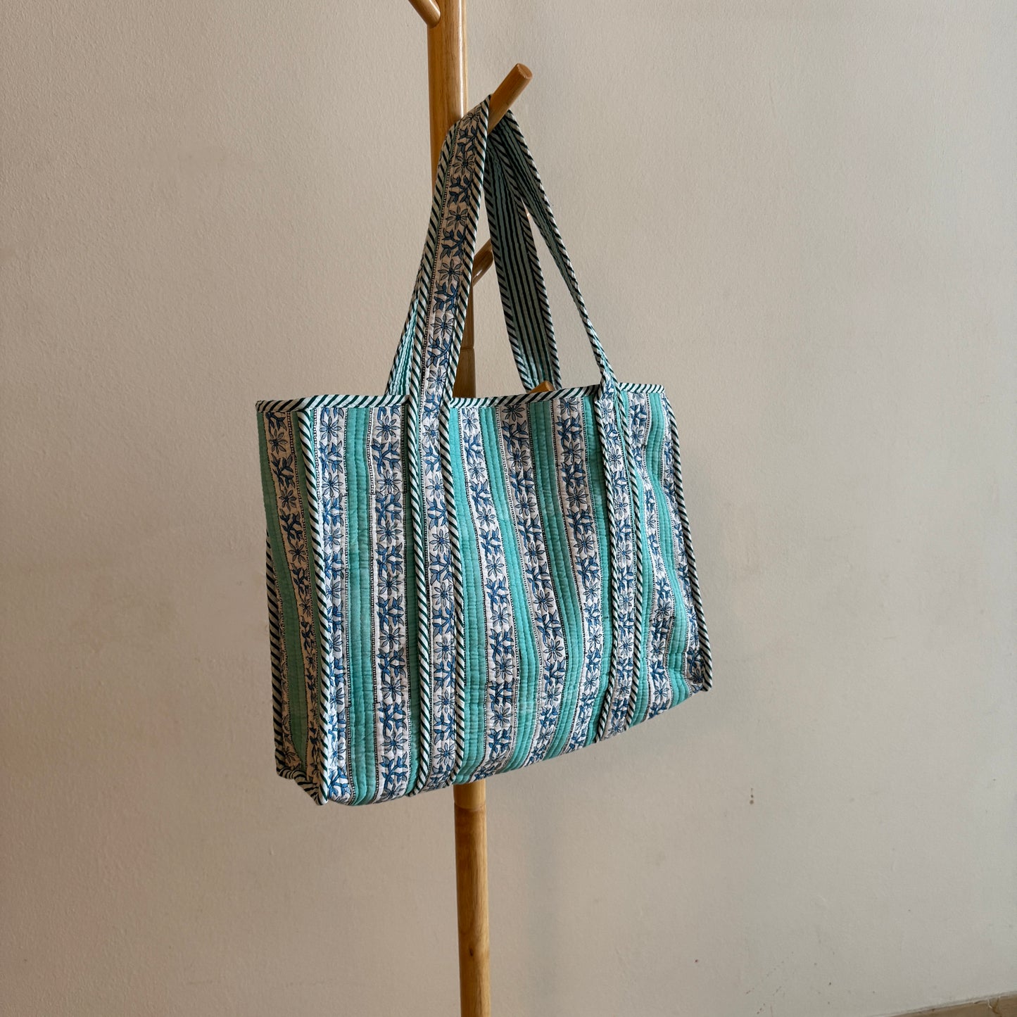Block Print Tote Bag - Turquoise stripes and blue flowers