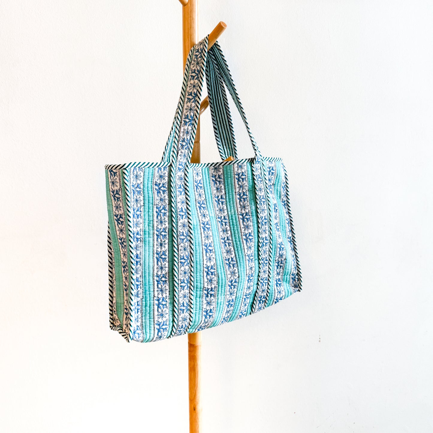 Block Print Tote Bag - Turquoise stripes and blue flowers