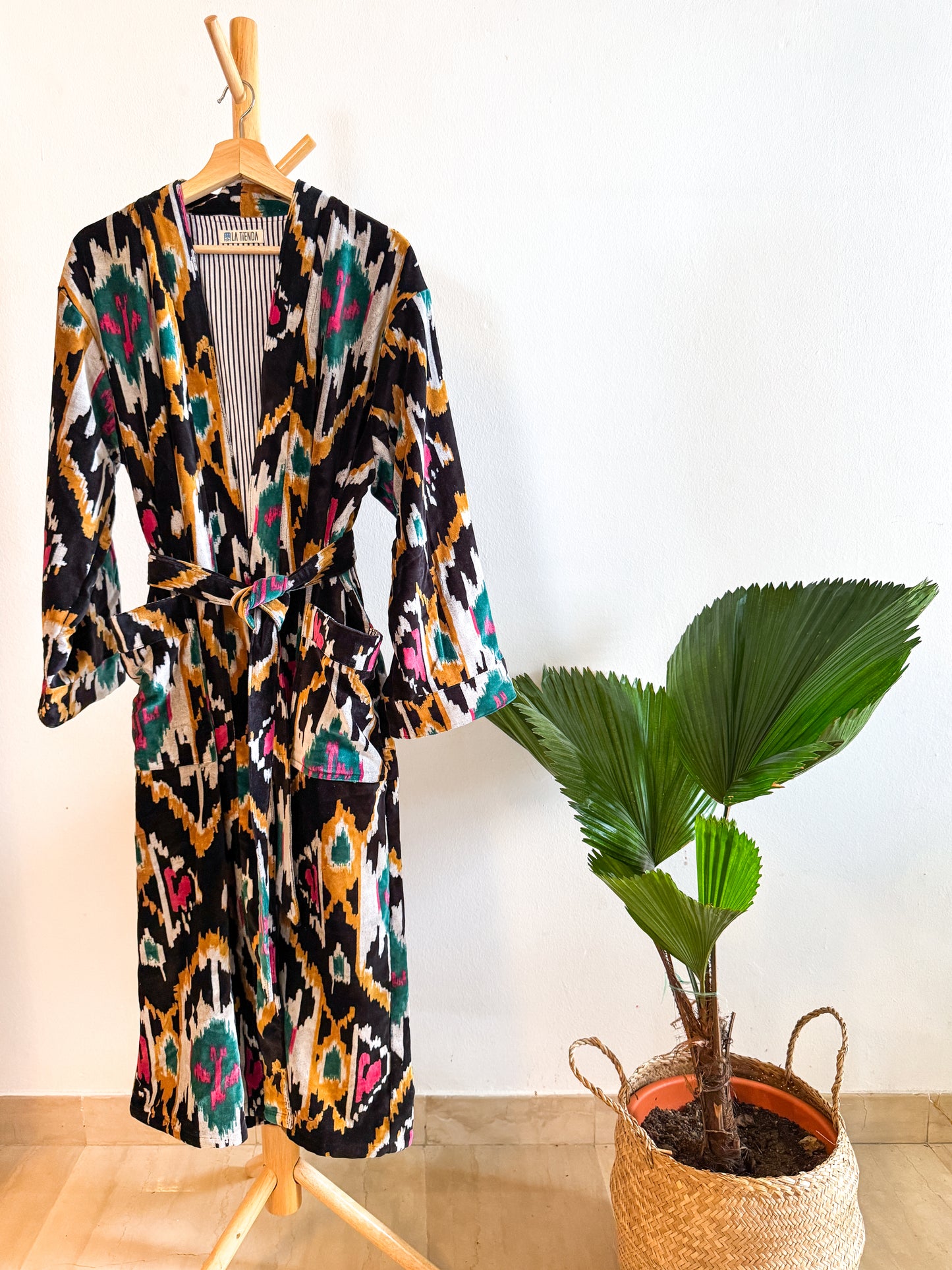 Block Print Velvet Kimono - Black with Ikat print