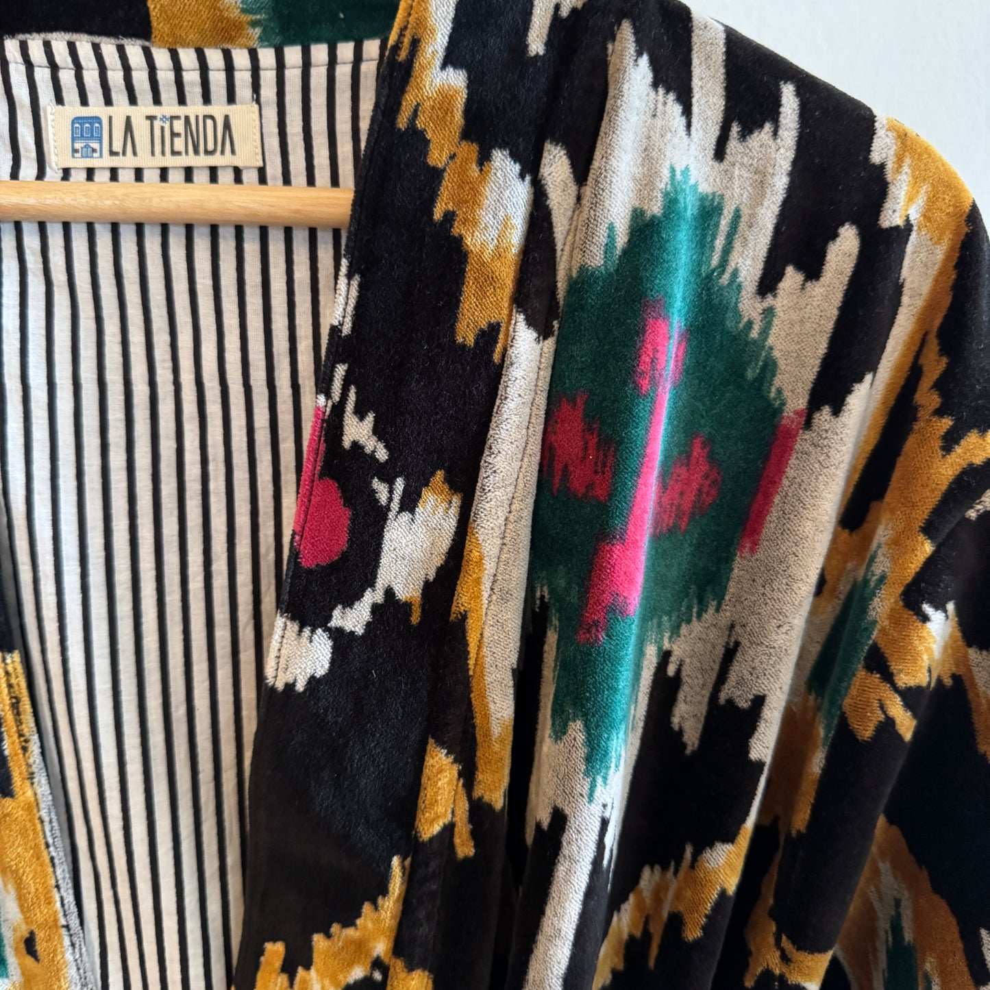 Block Print Velvet Kimono - Black with Ikat print