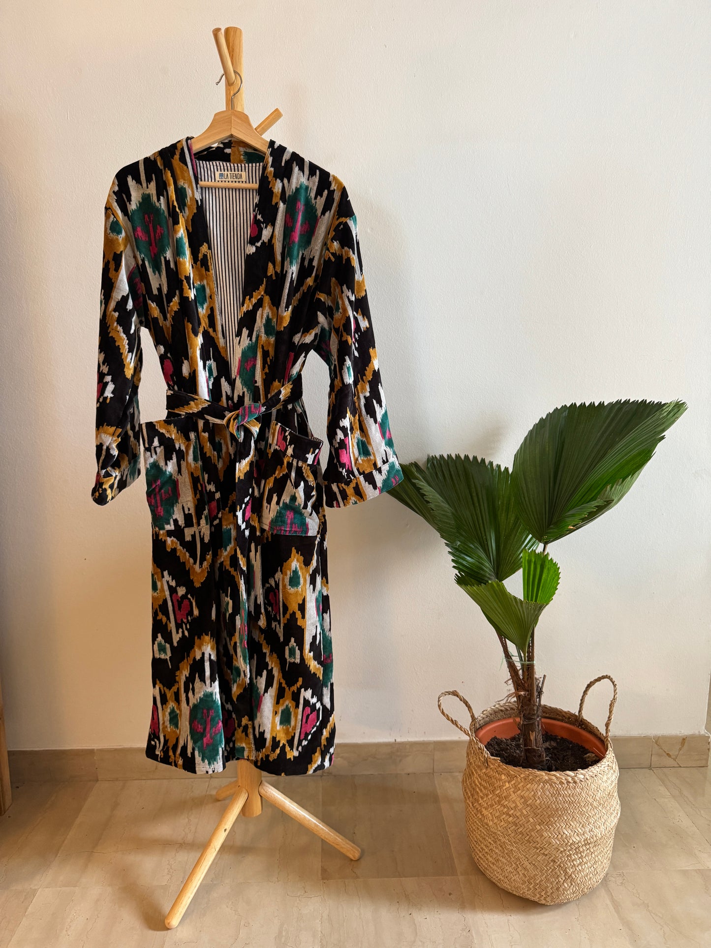 Block Print Velvet Kimono - Black with Ikat print