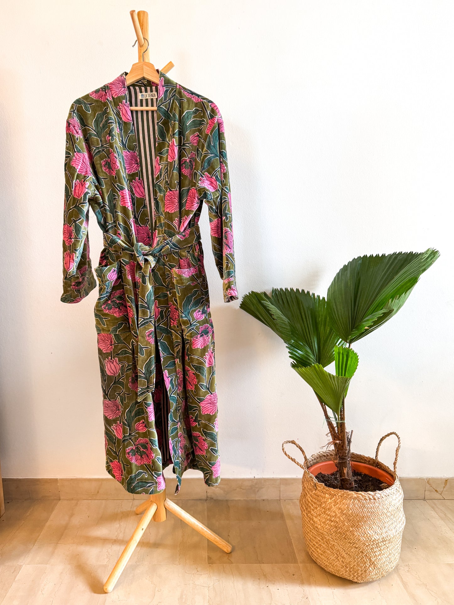 Block Print Velvet Kimono - Green with pink flowers