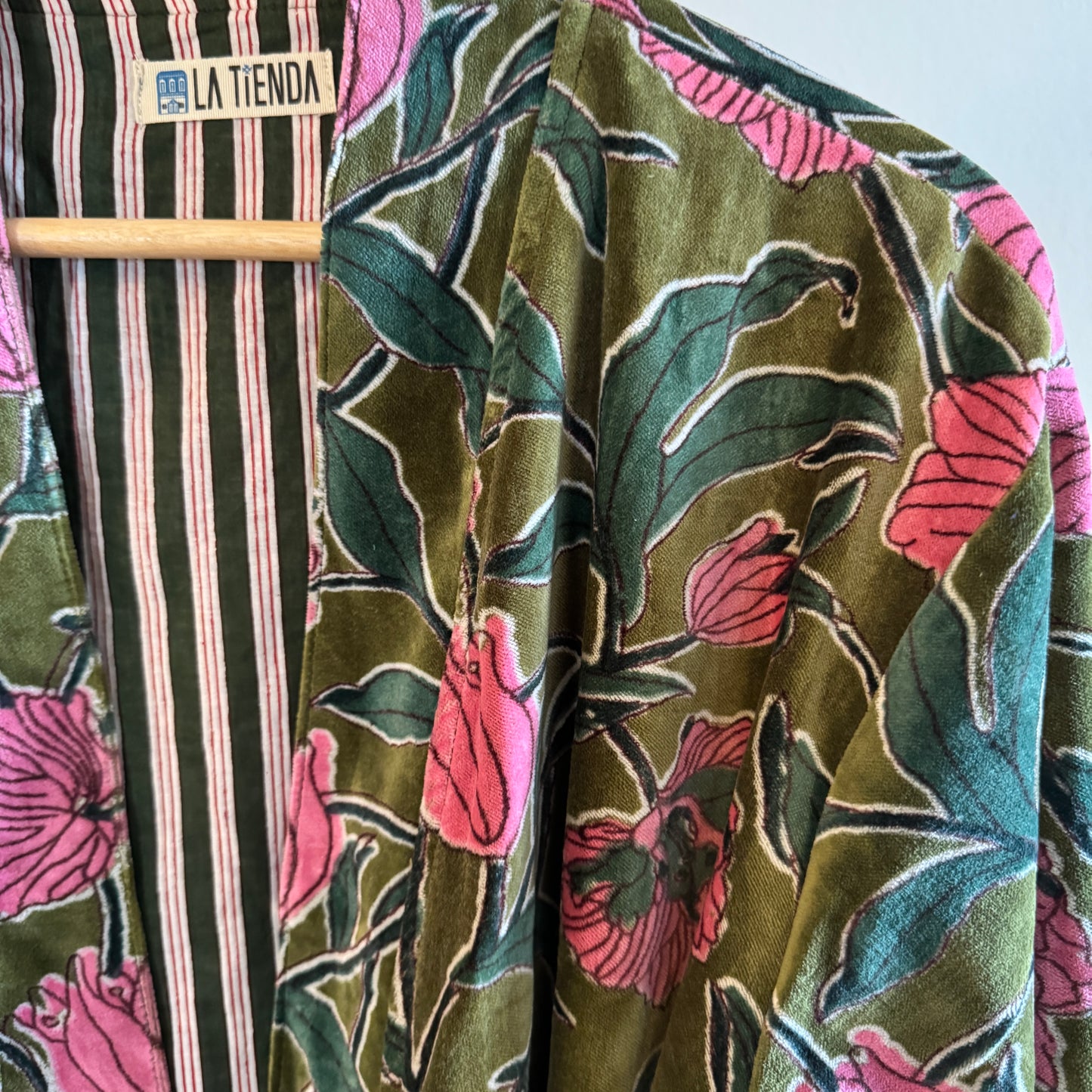 Block Print Velvet Kimono - Green with pink flowers