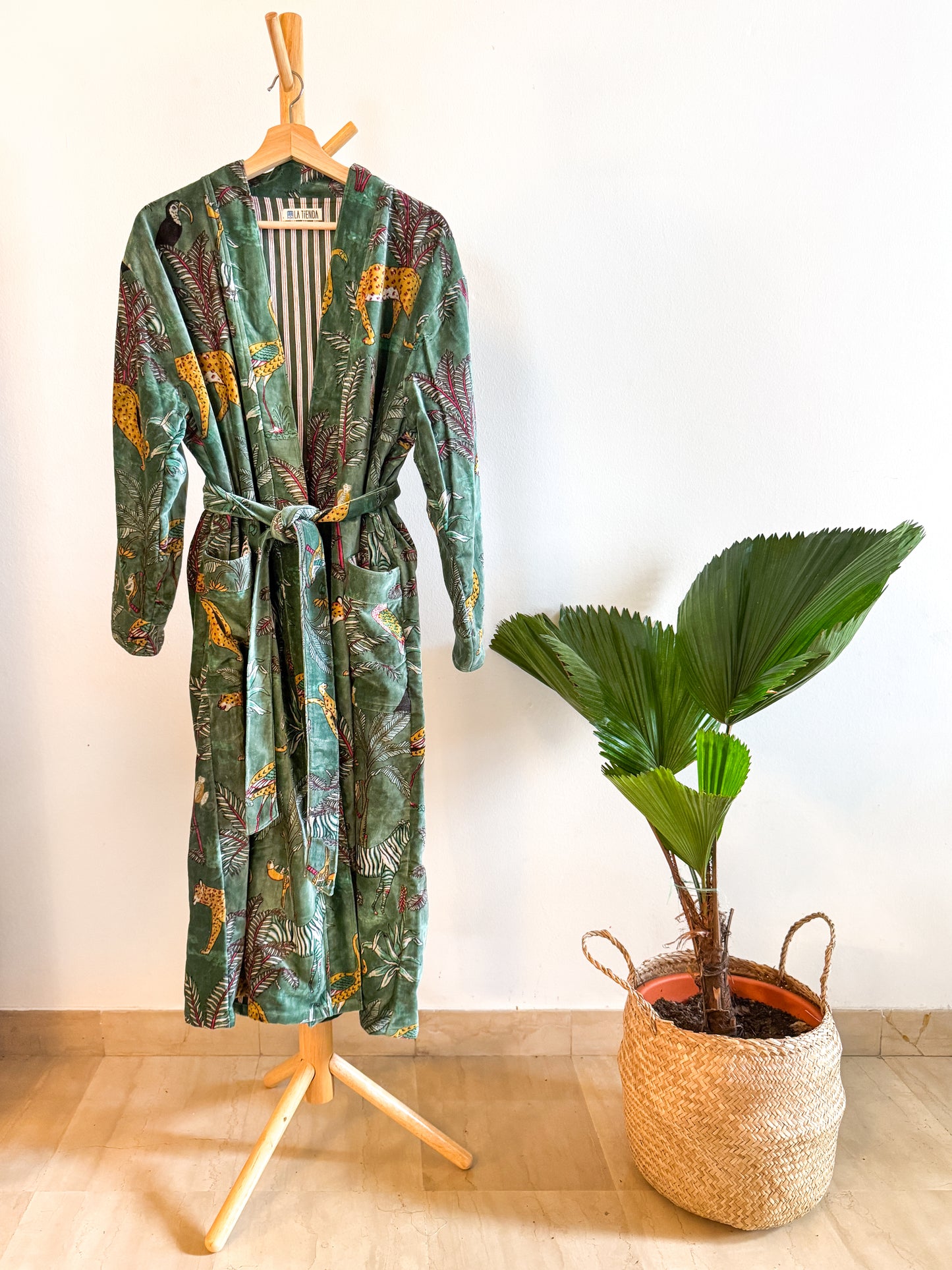 Block Print Velvet Kimono - Green with leopards